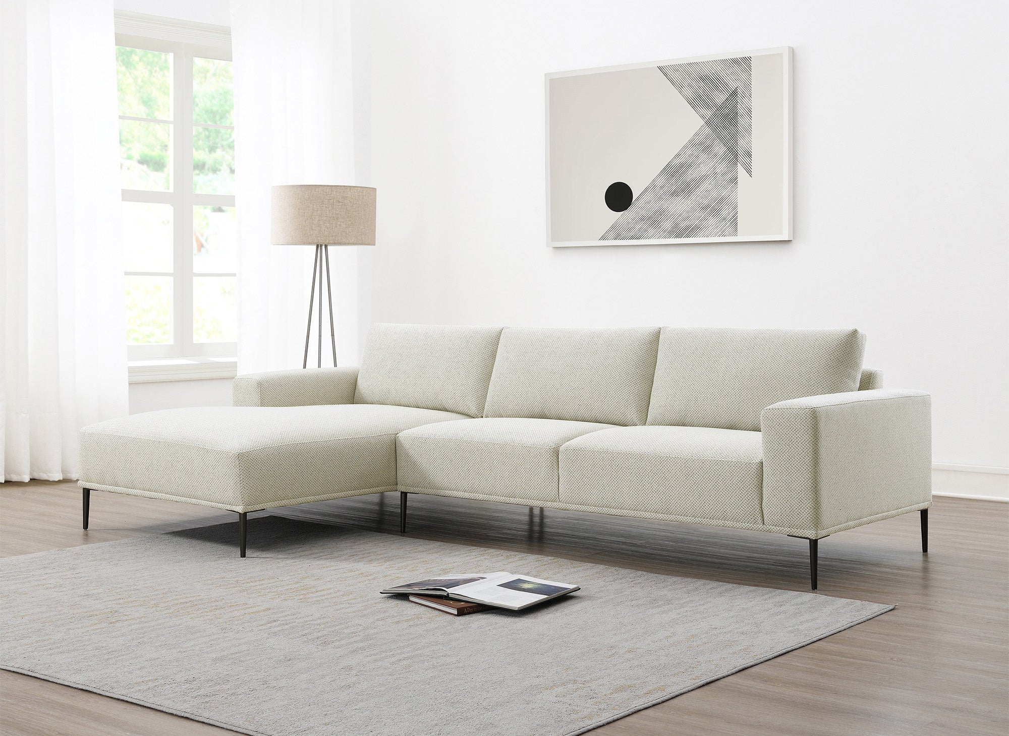 Sofá esquinero ARNOLD con chaise longue en tela beige - Esquina izquierda