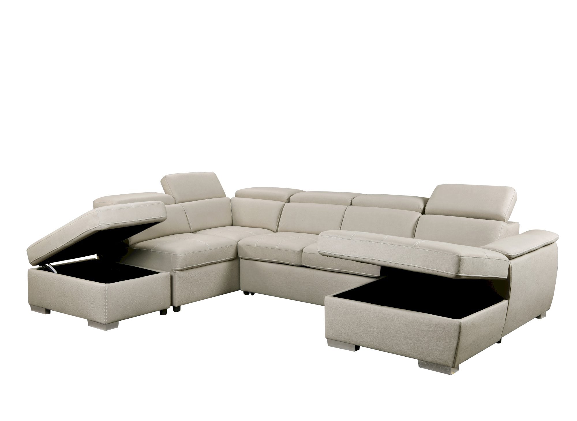 Sofá cama y panorámico OLIVER con compartimento de almacenamiento en tela beige - Esquina derecha