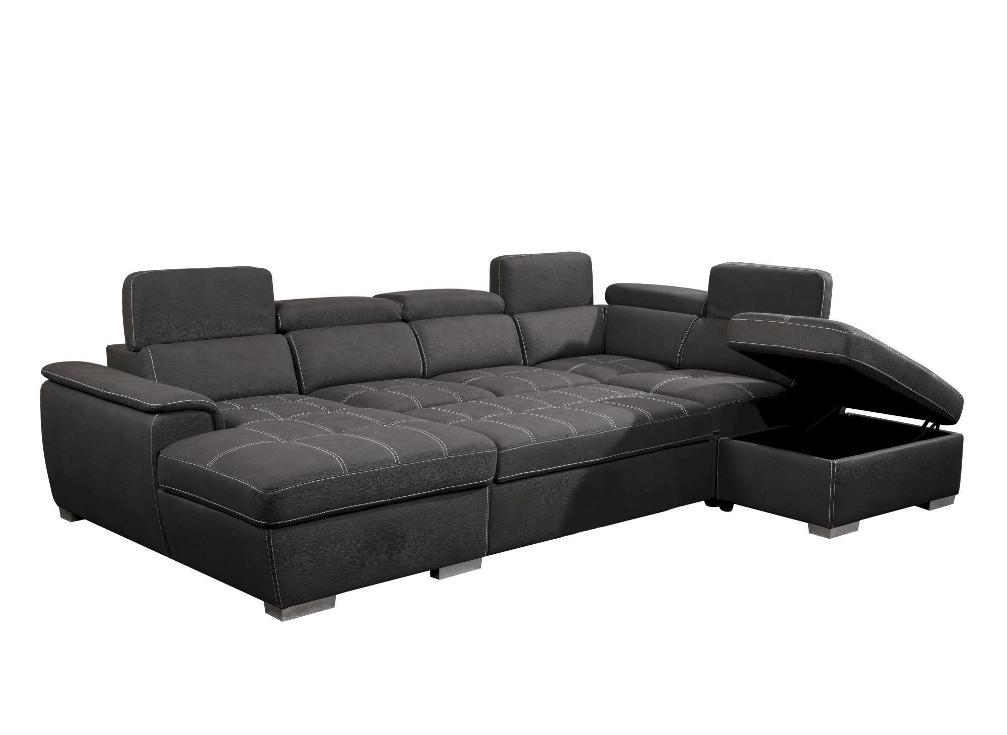 Sofá convertible y panorámico OLIVER con compartimento de almacenamiento en tela gris - Esquina izquierda