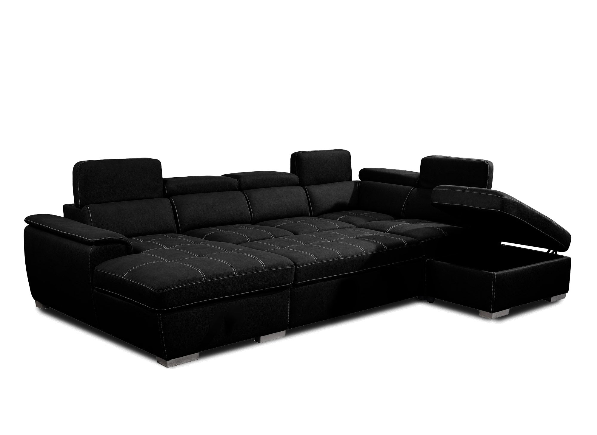 Sofá convertible y panorámico OLIVER con compartimento de almacenamiento en tela negra - Esquina izquierda