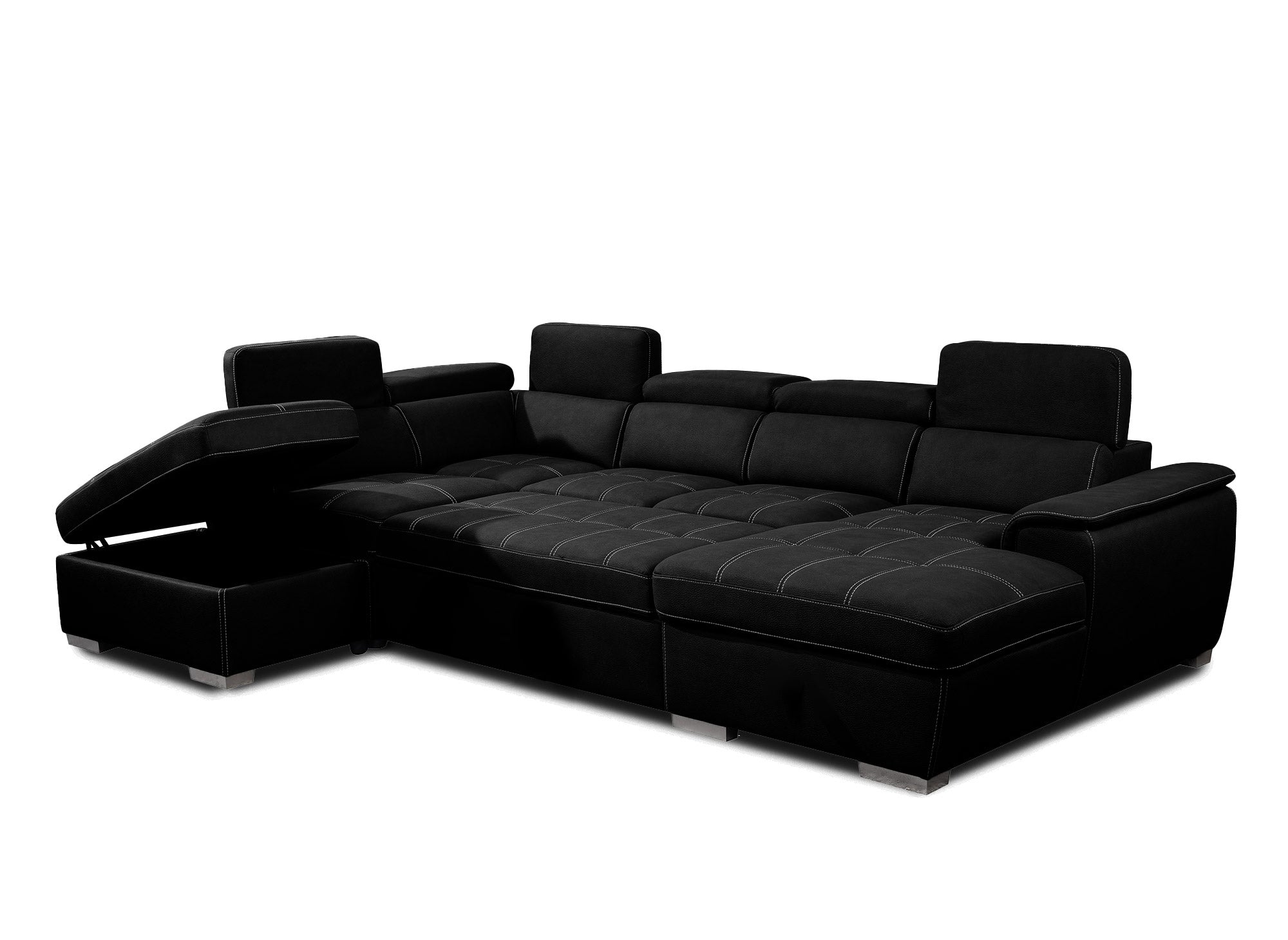 Sofá convertible y panorámico OLIVER con compartimento de almacenamiento en tela negra - Esquina derecha