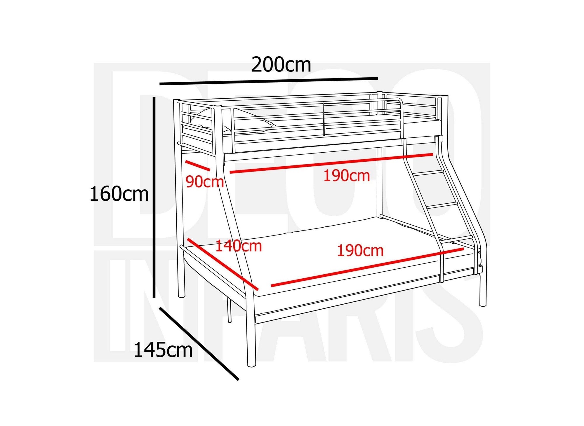 Litera TRINITY de 3 plazas en metal blanco, 90 x 190 cm y 140 x 190 cm