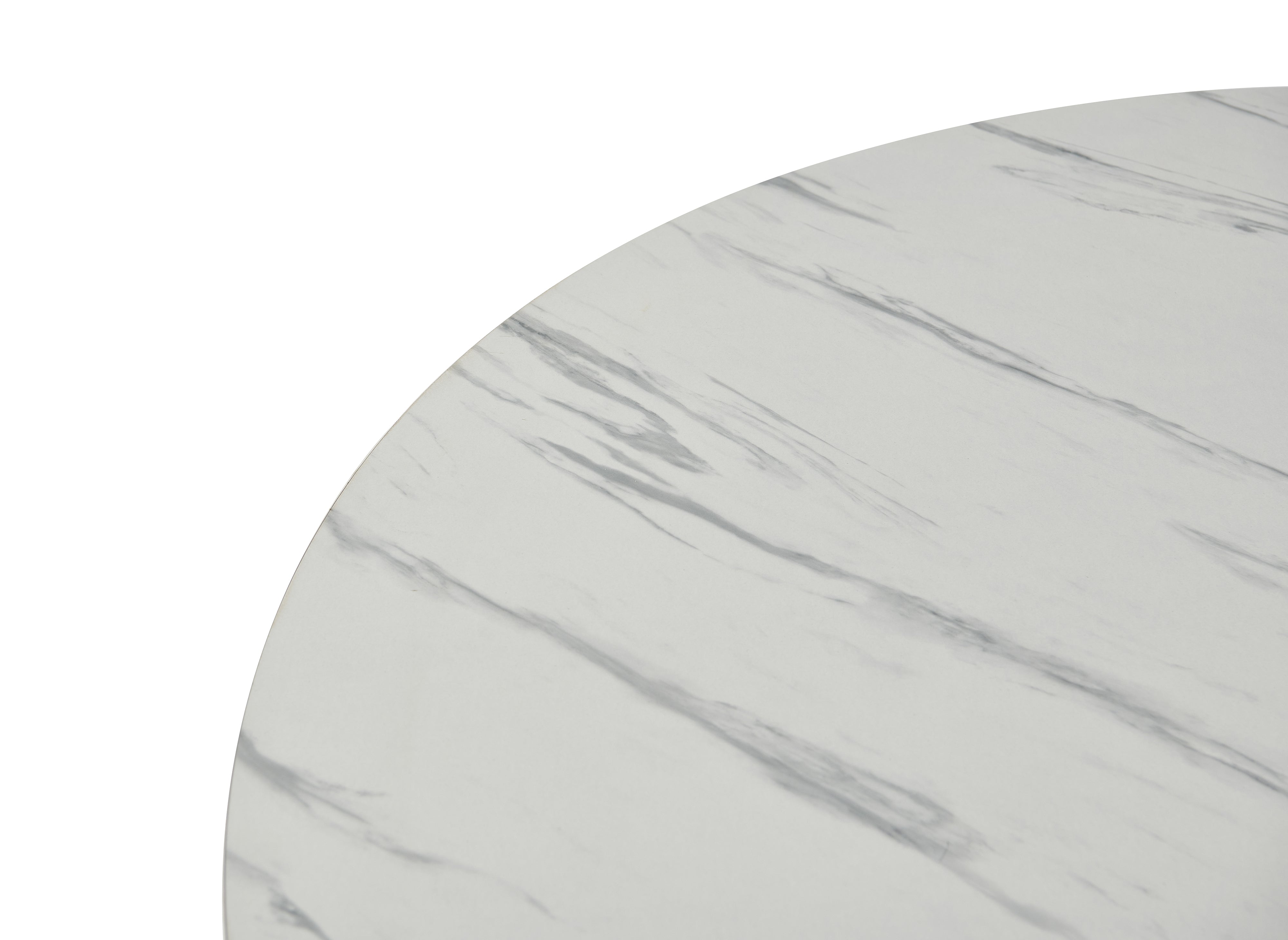Mesa de comedor redonda Stella con efecto mármol blanco y base de metal negro.