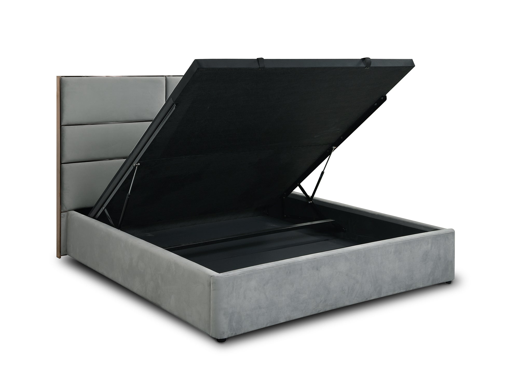 Cama con almacenaje de diseño DAVINA en terciopelo gris, 180 x 200 cm