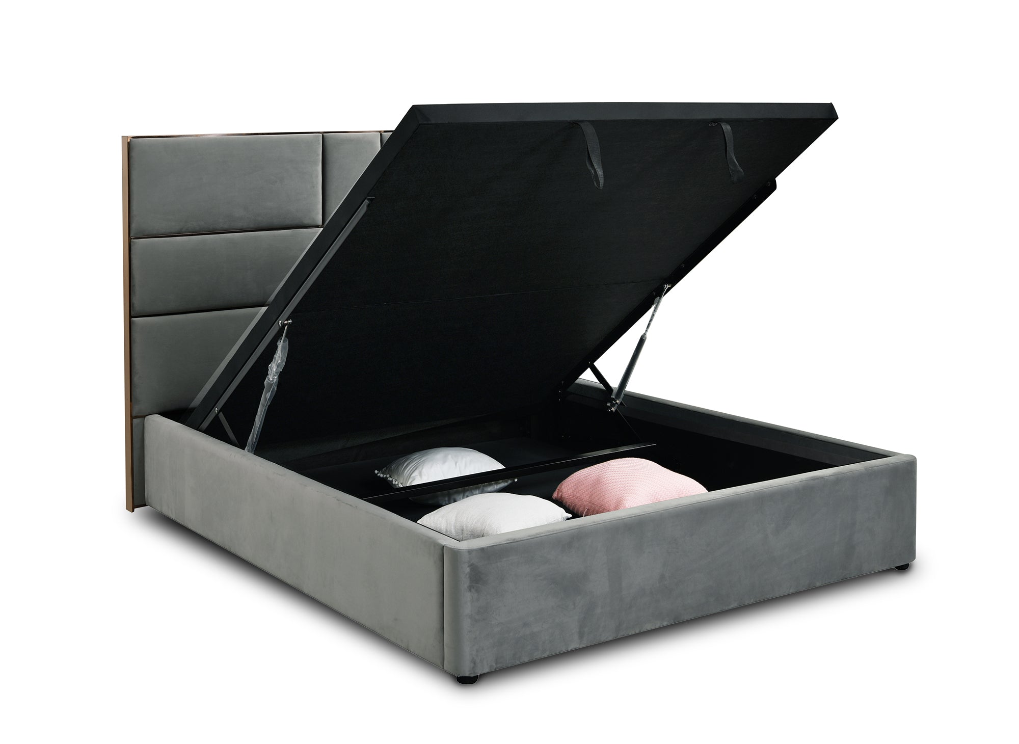 Cama con almacenaje de diseño DAVINA en terciopelo gris, 140 x 190 cm