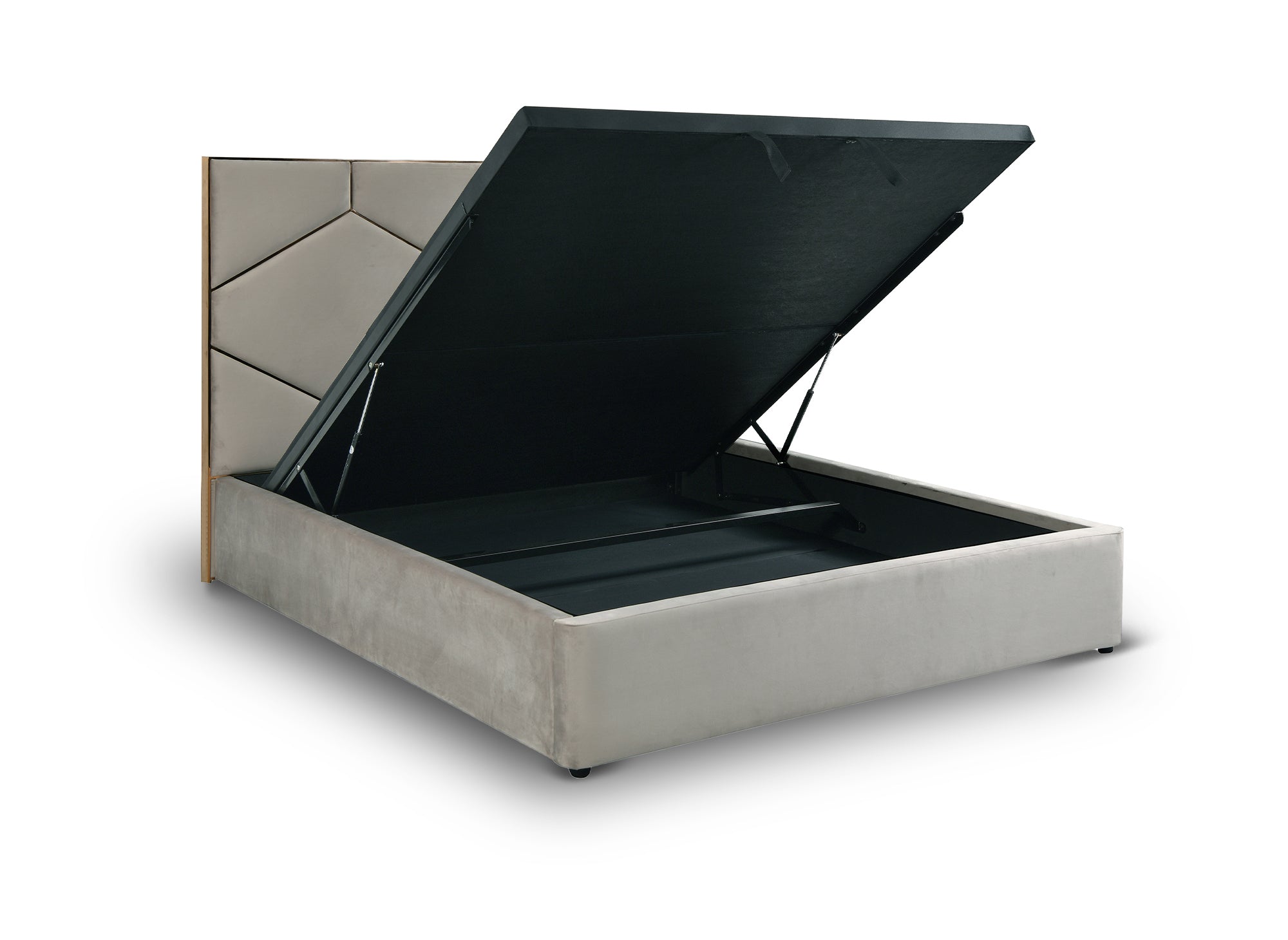 Cama de diseño LARA de 180 x 200 cm con cabecero de terciopelo color topo para almacenaje