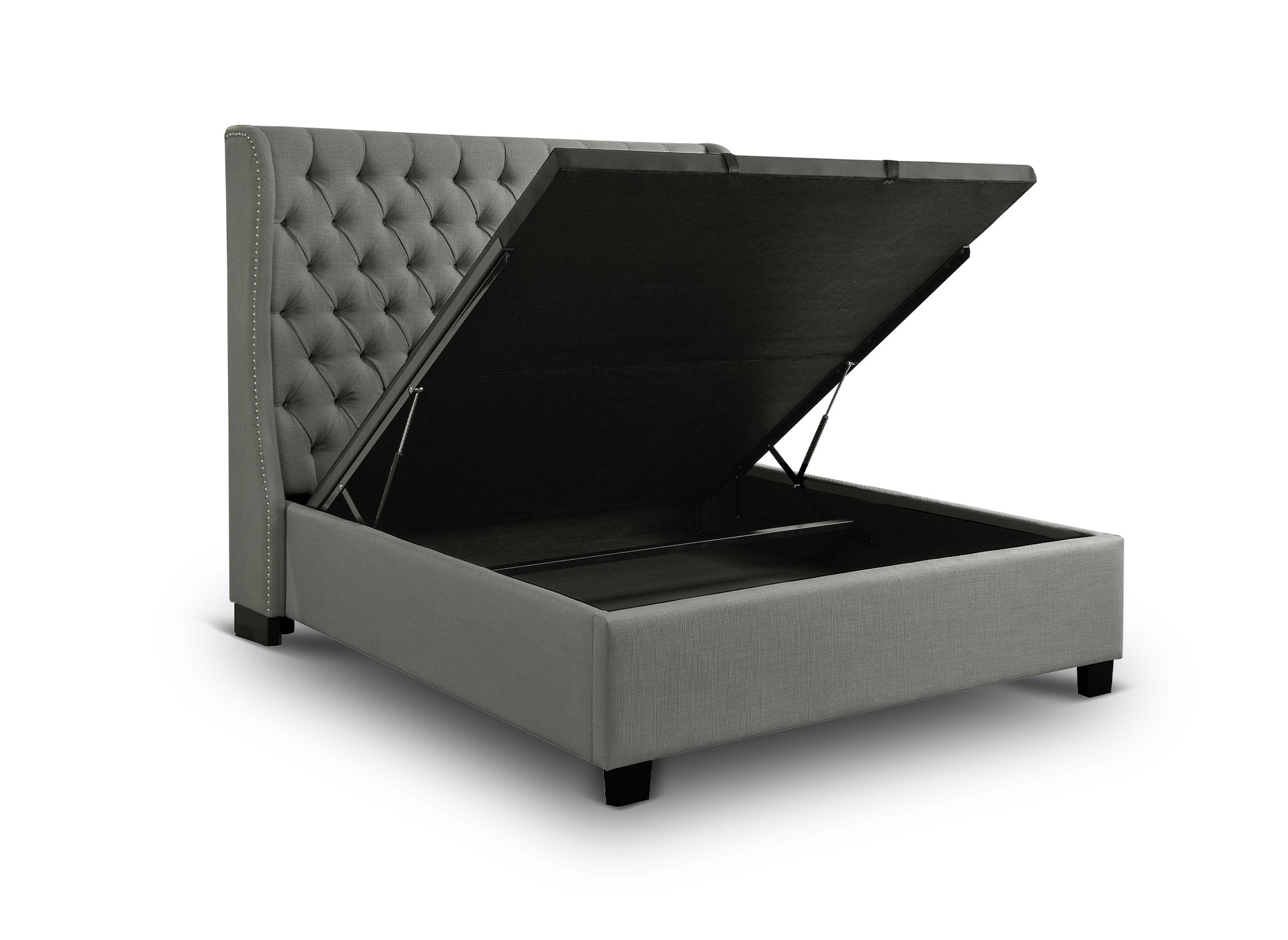 Cama tapizada con almacenaje FLORINE de 160 x 200 cm en tela de lino gris