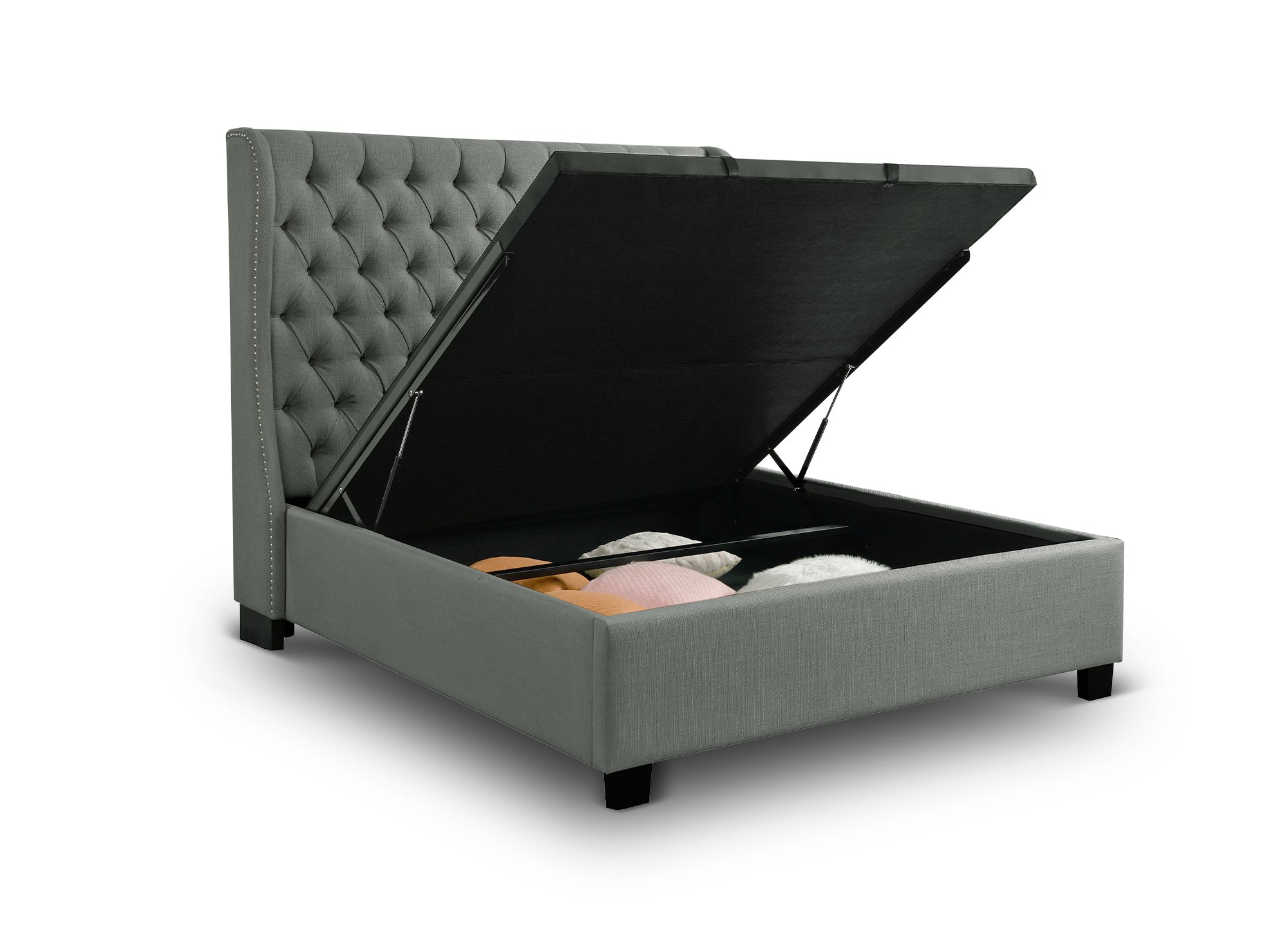 Cama tapizada con almacenaje FLORINE de 160 x 200 cm en tela de lino gris