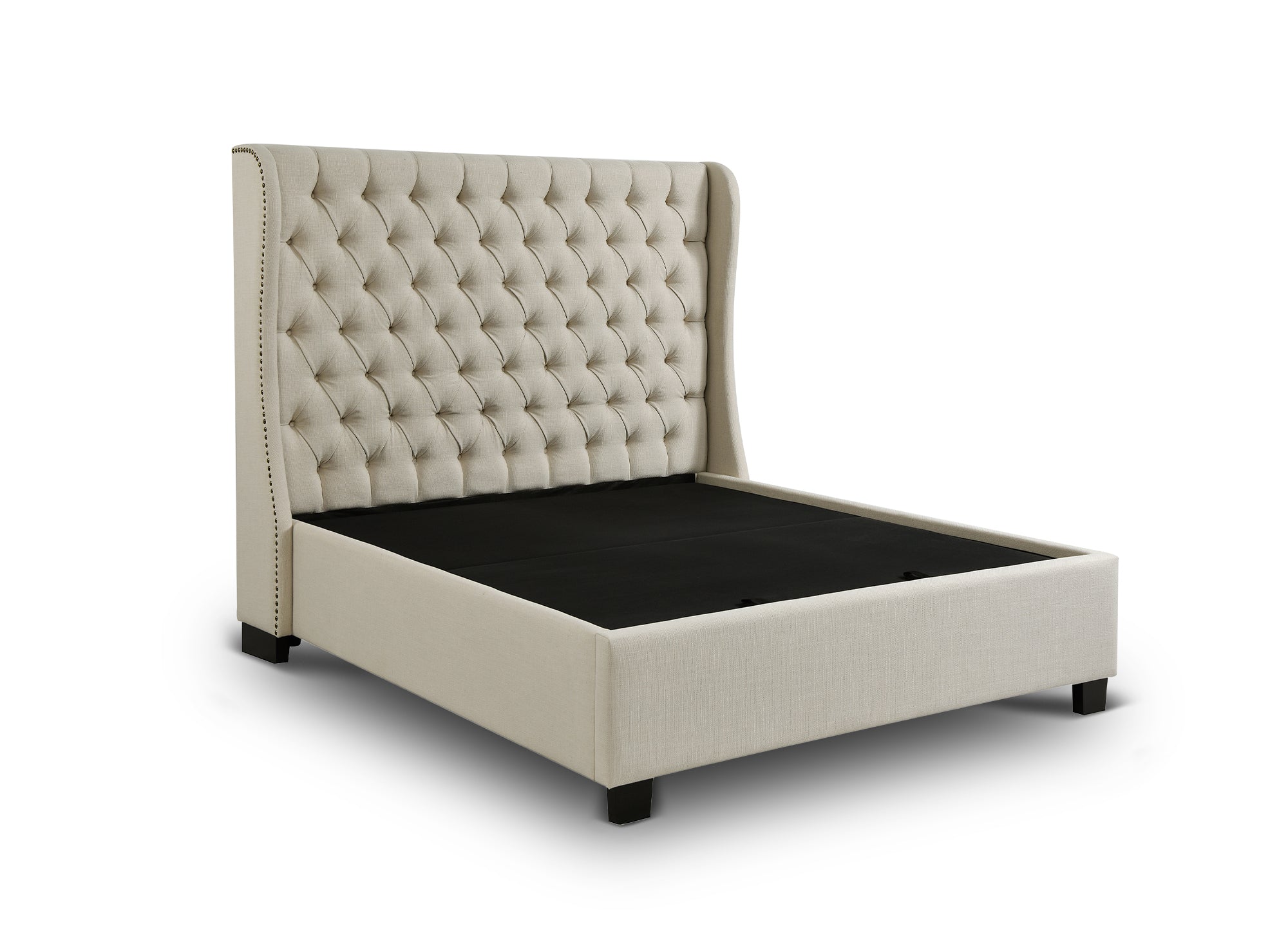 Cama tapizada con almacenaje FLORINE de 160 x 200 cm en tela de lino beige