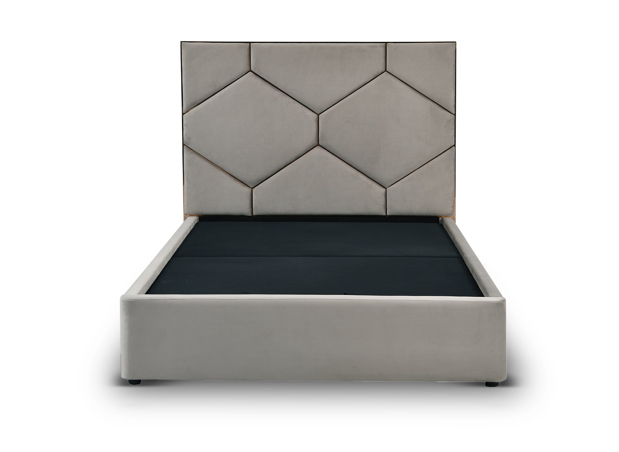 Cama LARA de 140 x 190 cm con almacenaje y cabecero de diseño en terciopelo color topo.