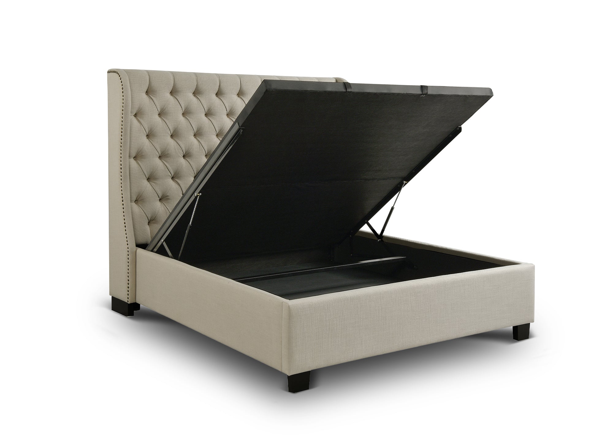 Cama tapizada con almacenaje FLORINE de 160 x 200 cm en tela de lino beige