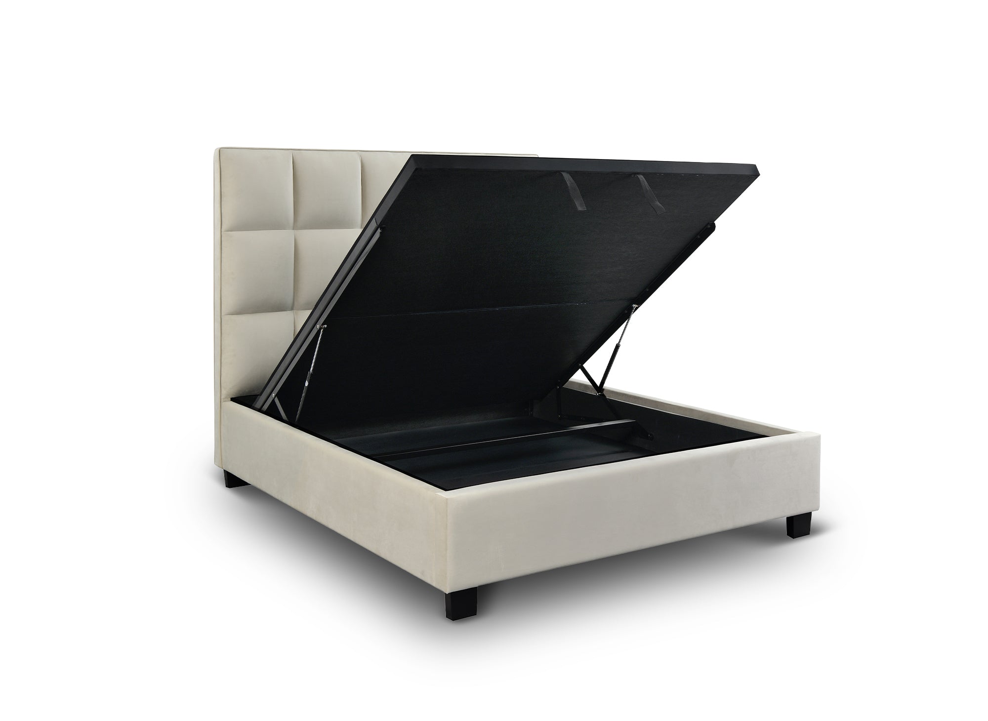 Cama de diseño CAROLINE con almacenaje, tapizada en terciopelo beige, 160 x 200 cm