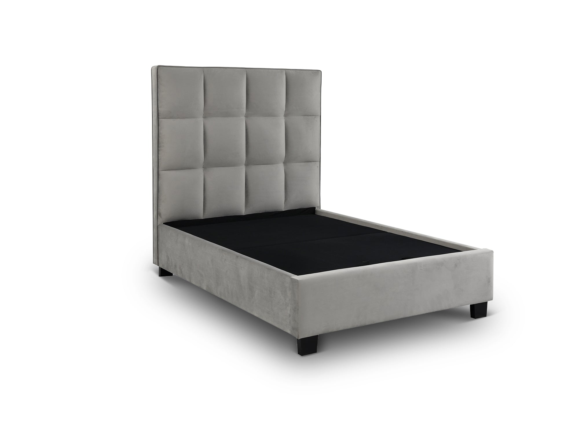 Cama de diseño CAROLINE con almacenaje, tapizada en terciopelo gris, 140 x 190 cm