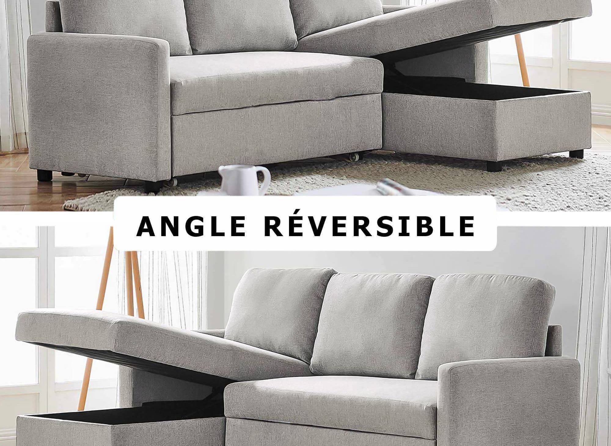 Sofá cama esquinero reversible ADAM con compartimento de almacenamiento en tela gris