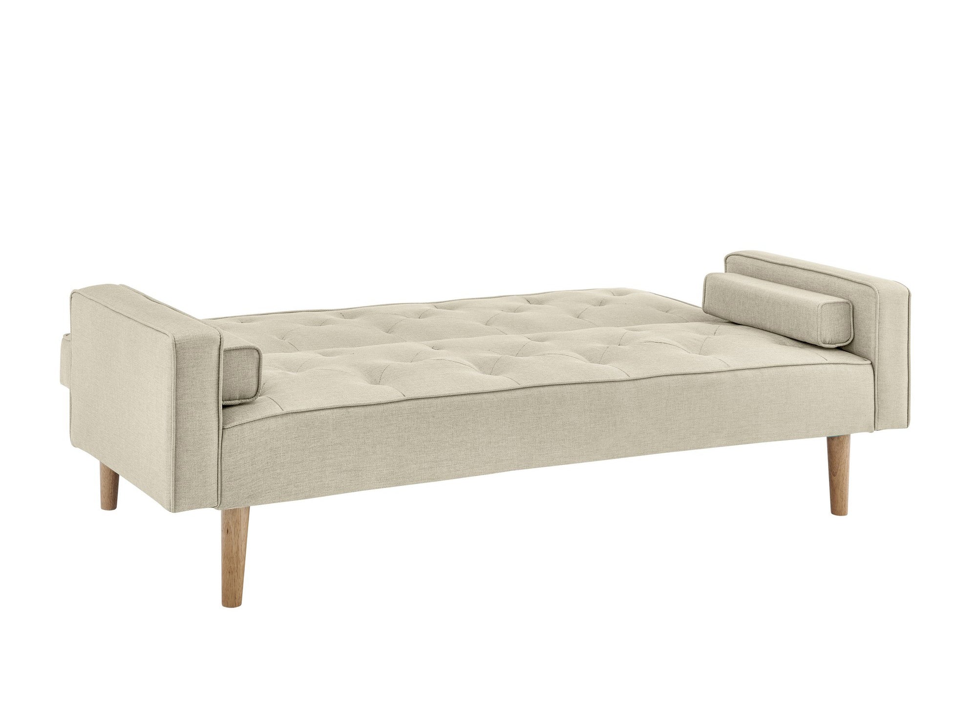 Sofá JAKARTA de tela beige con mecanismo clic-clac y patas de madera