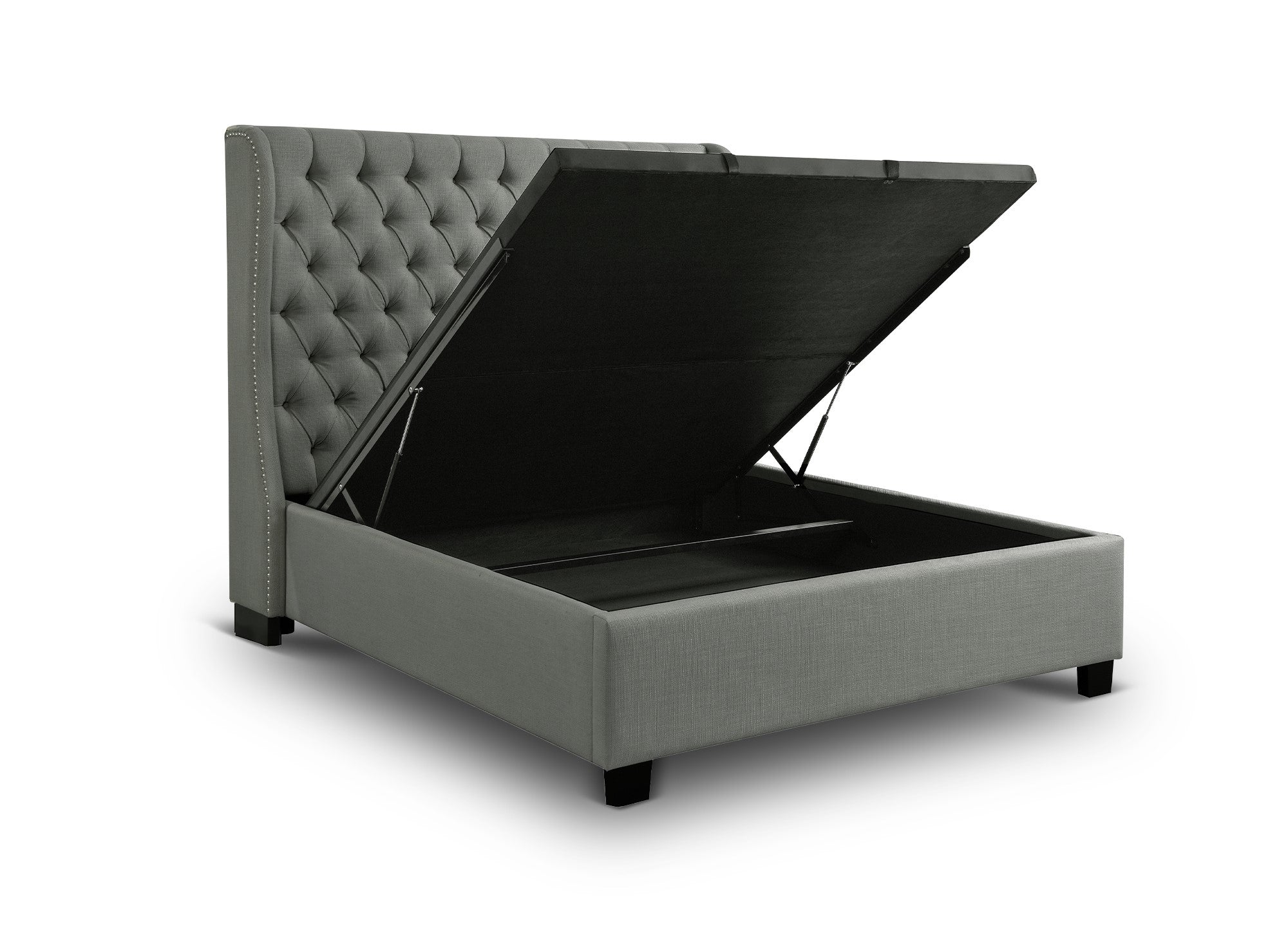 Cama tapizada con almacenaje FLORINE de 140 x 190 cm en tela de lino gris