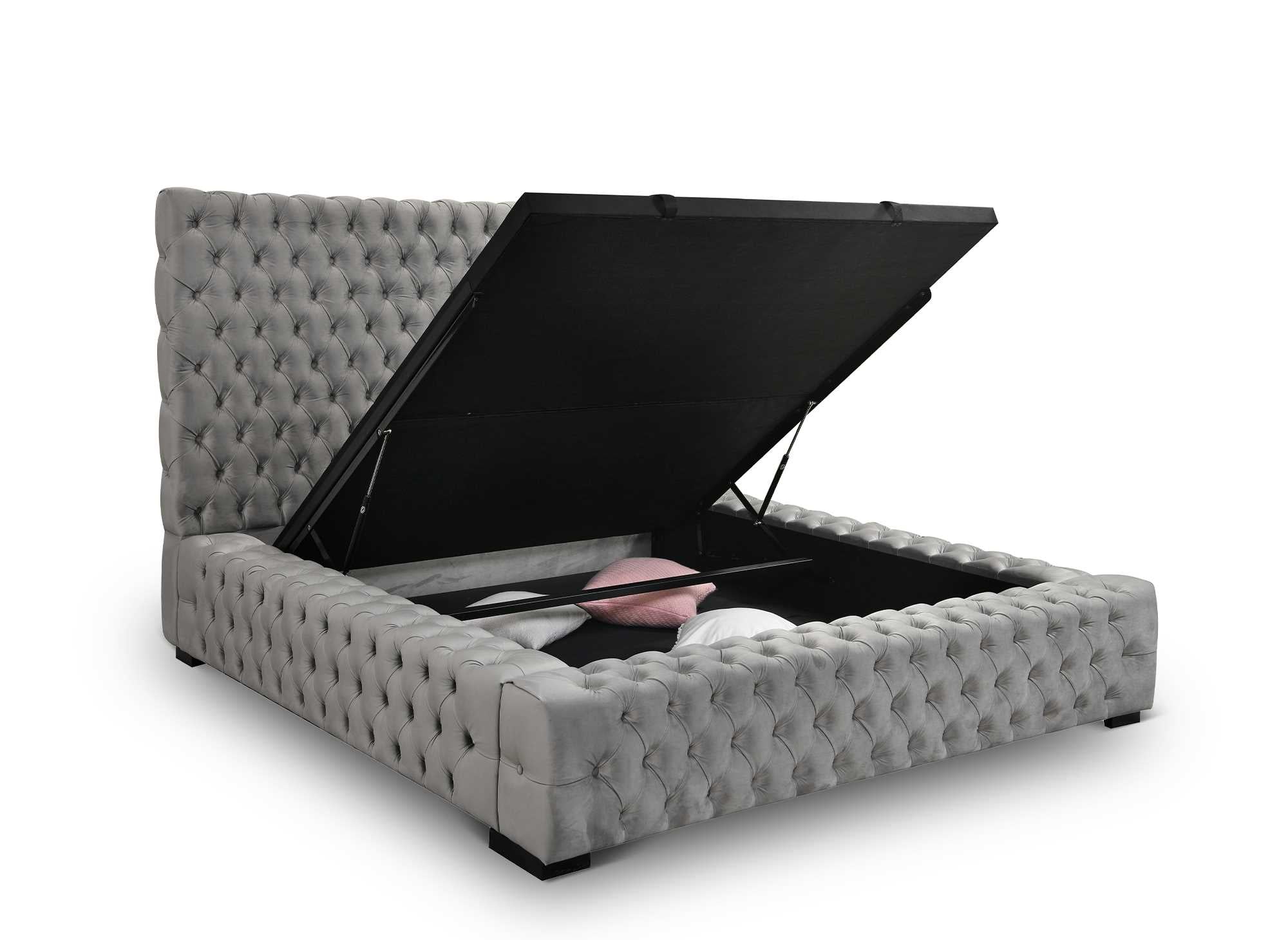 Cama tapizada con almacenaje IDALINE de 140 x 190 cm en terciopelo gris