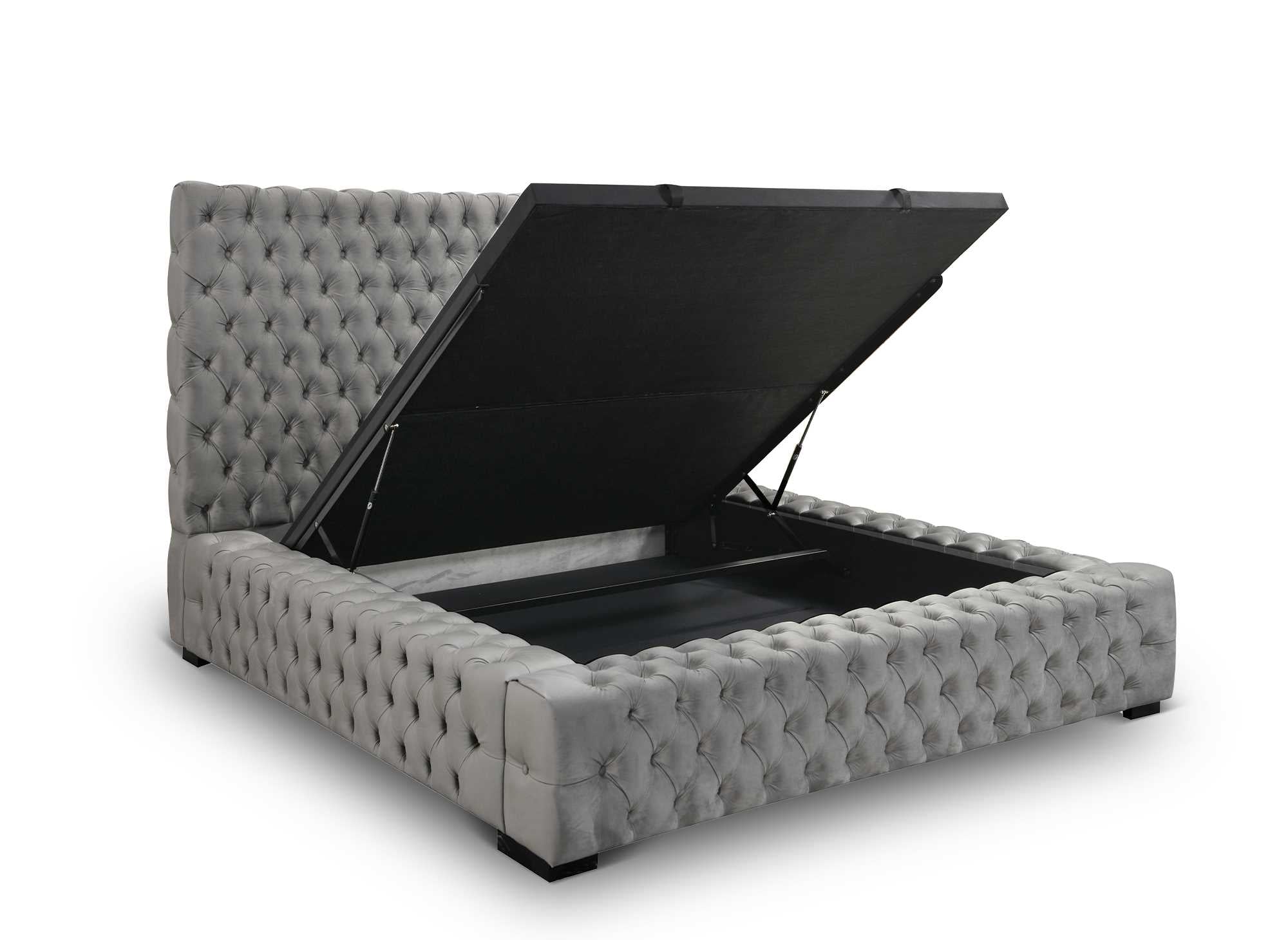 Cama tapizada con almacenaje IDALINE de 140 x 190 cm en terciopelo gris