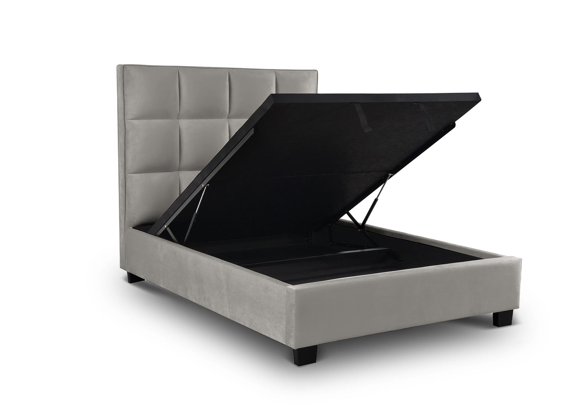 Cama de diseño CAROLINE con almacenaje, tapizada en terciopelo gris, 140 x 190 cm