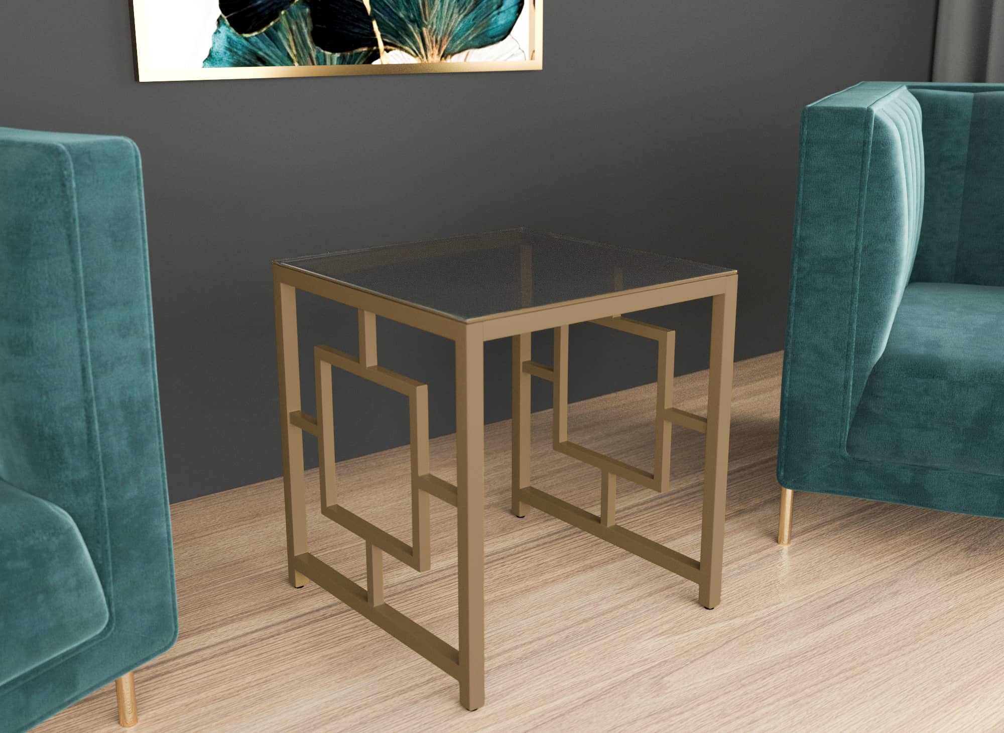 Mesa de centro cuadrada de diseño PABLO en cristal negro y metal dorado