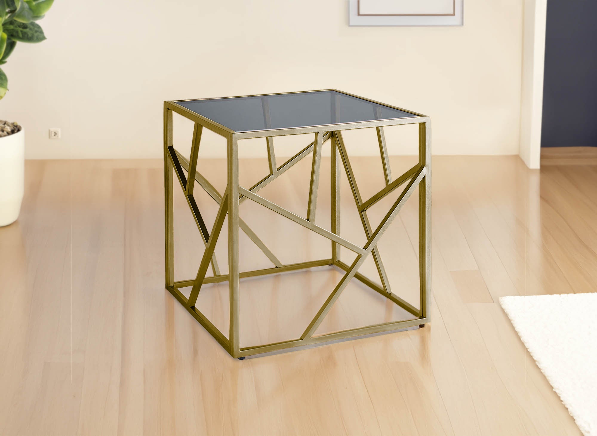 Mesa de centro cuadrada de diseño SOLAL en cristal negro y metal dorado