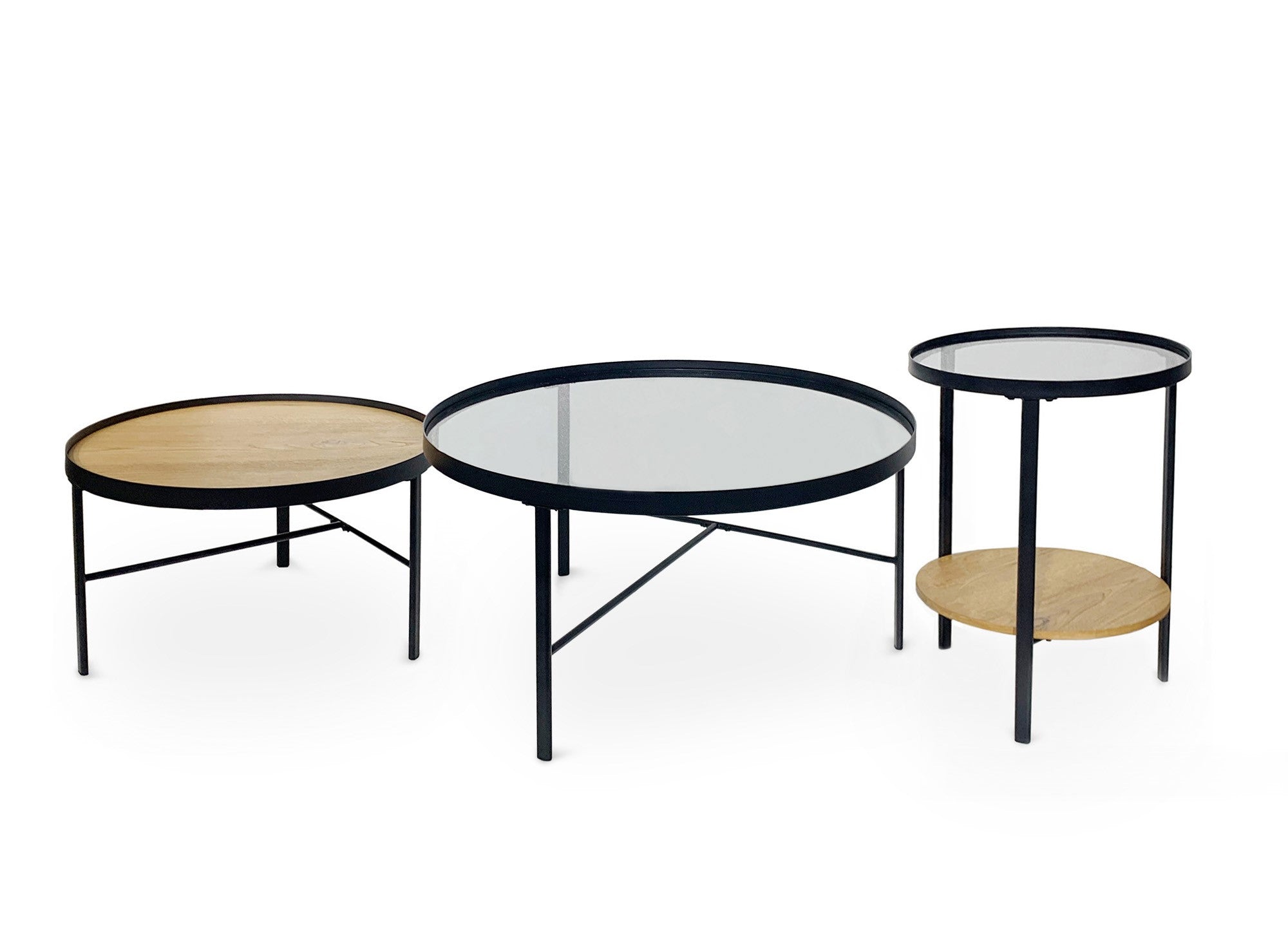 Juego de 3 mesas de centro redondas RIANA en madera y cristal