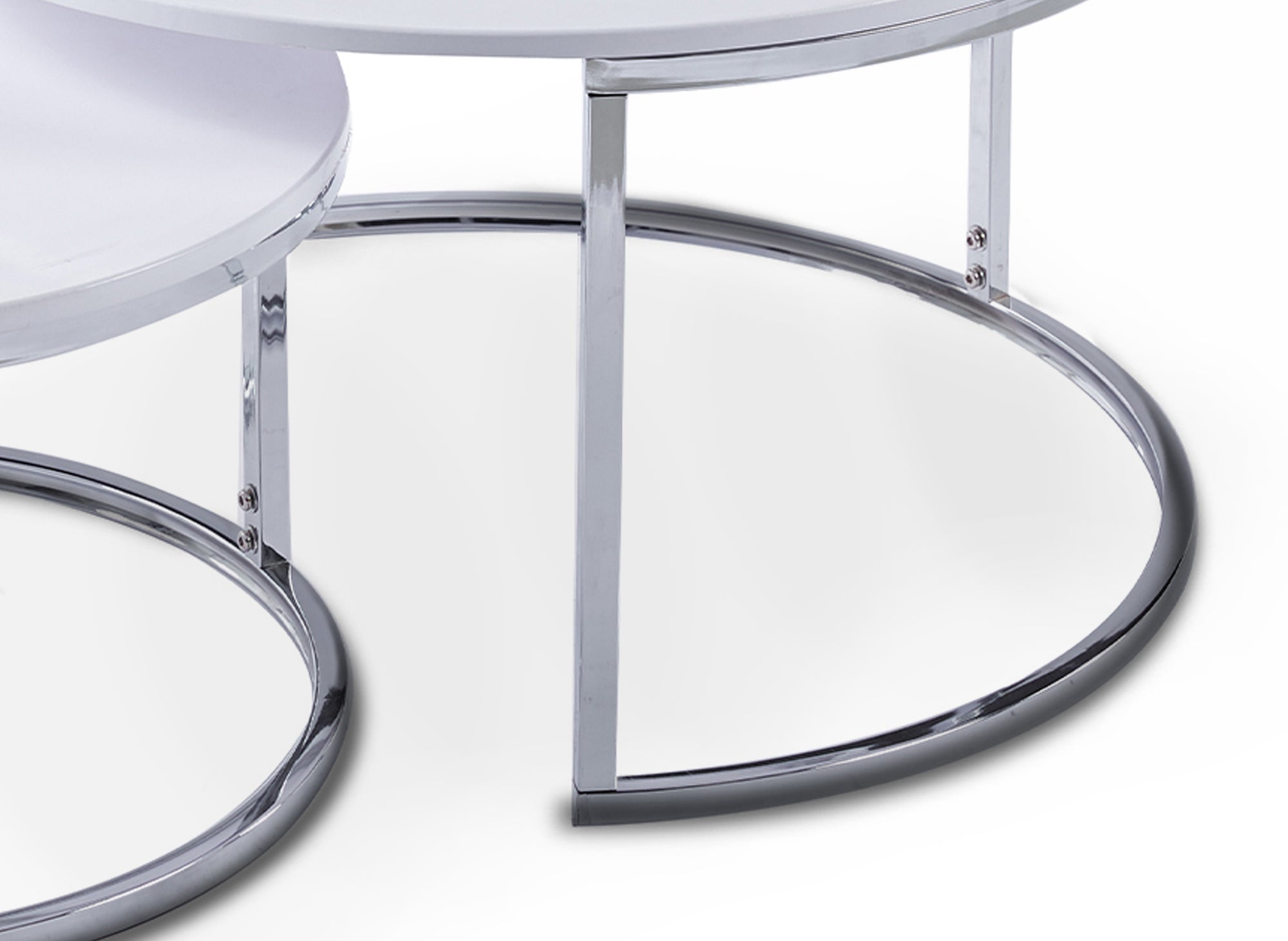 Juego de 2 mesas de centro redondas blancas apilables con patas cromadas RONY
