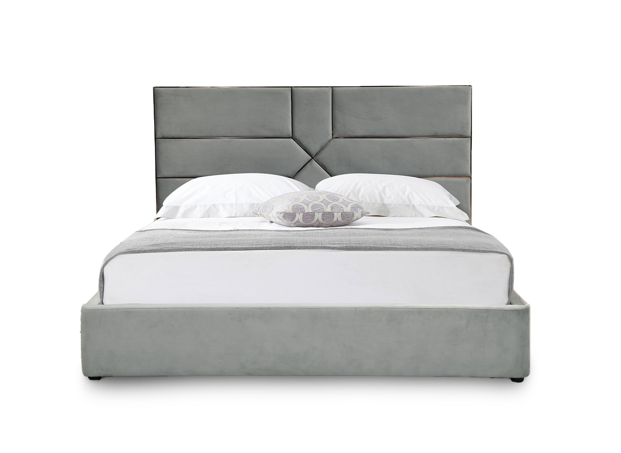 Cama con almacenaje de diseño DAVINA en terciopelo gris, 180 x 200 cm