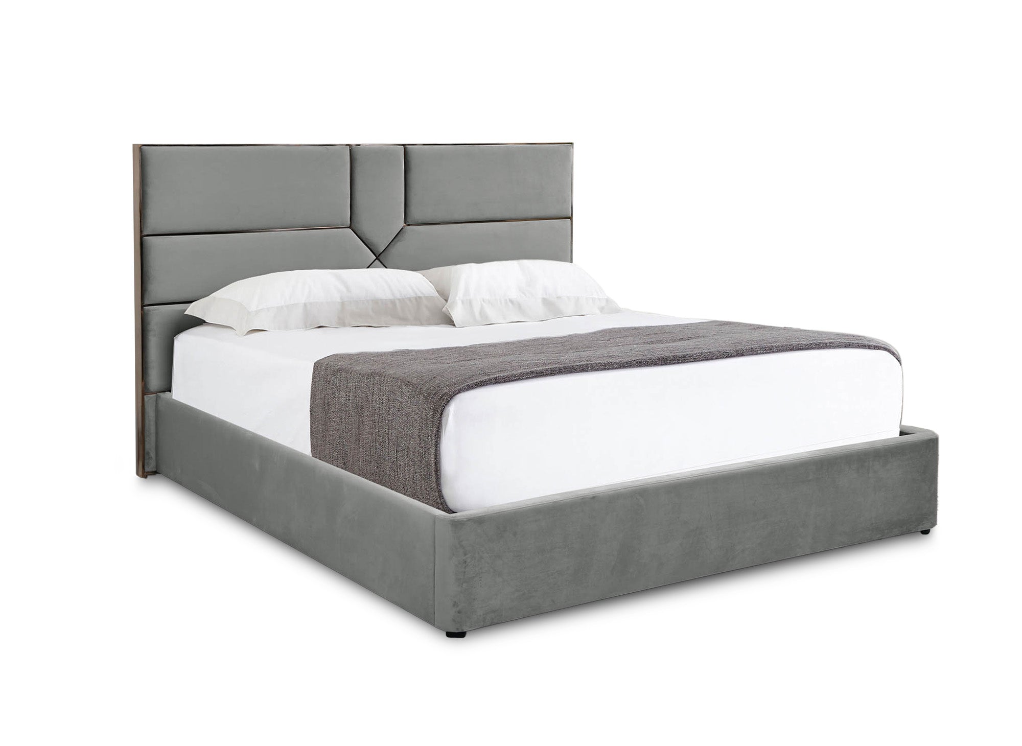 Cama con almacenaje de diseño DAVINA en terciopelo gris, 140 x 190 cm