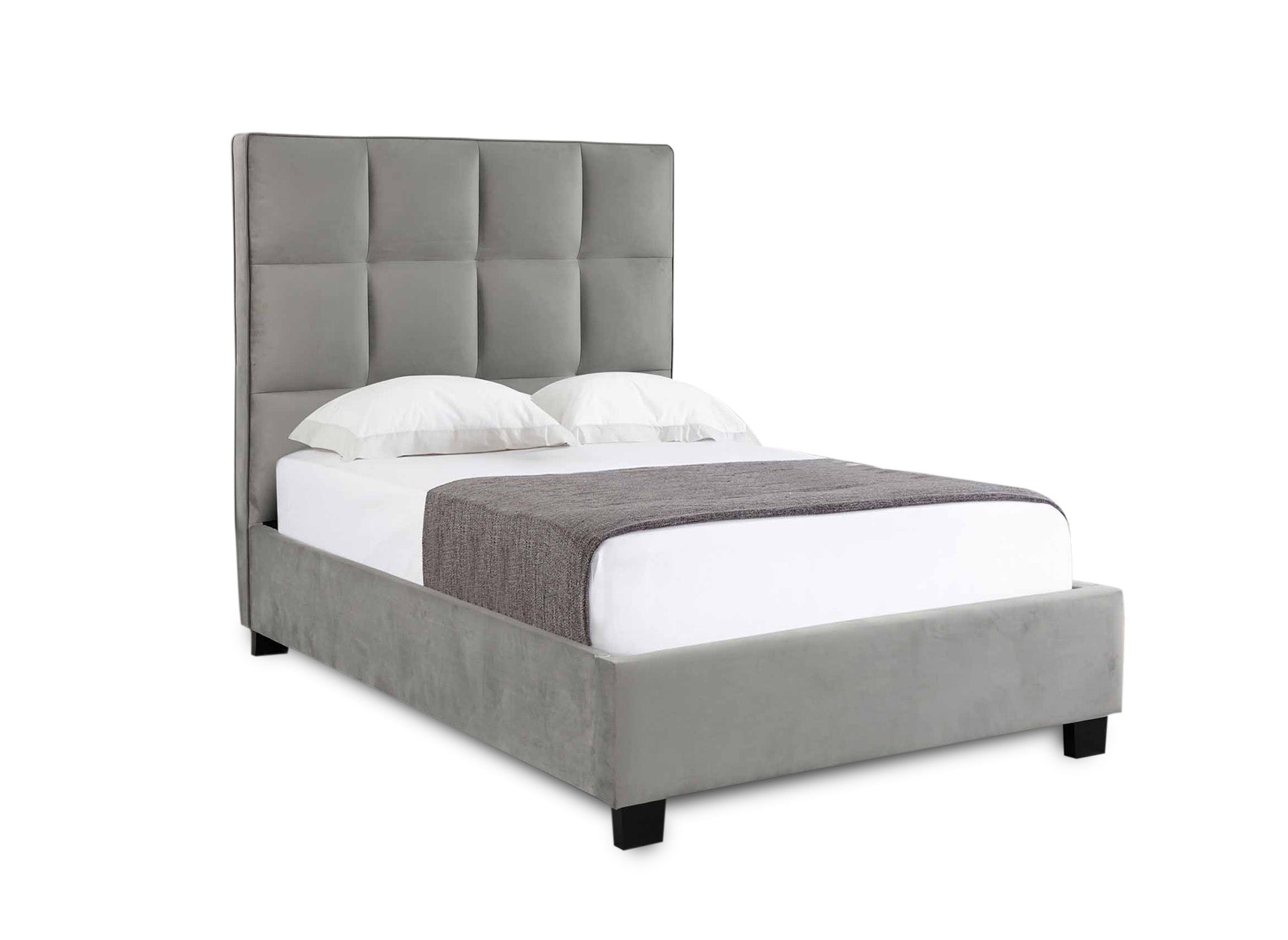 Cama de diseño CAROLINE con almacenaje, tapizada en terciopelo gris, 140 x 190 cm