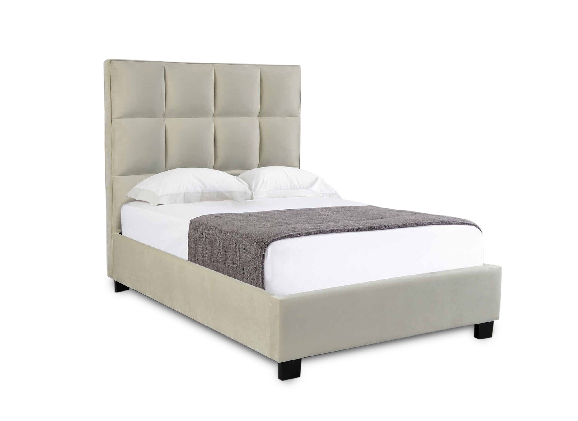 Cama de diseño CAROLINE con almacenaje, tapizada en terciopelo beige, 140 x 190 cm