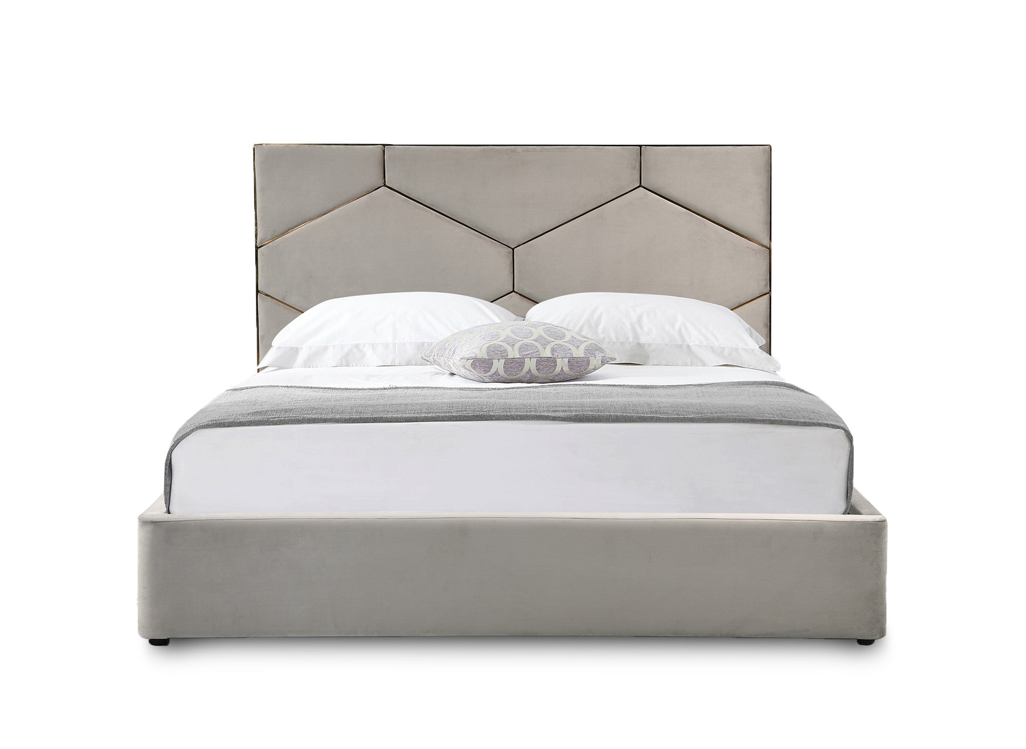 Cama de diseño LARA de 180 x 200 cm con cabecero de terciopelo color topo para almacenaje