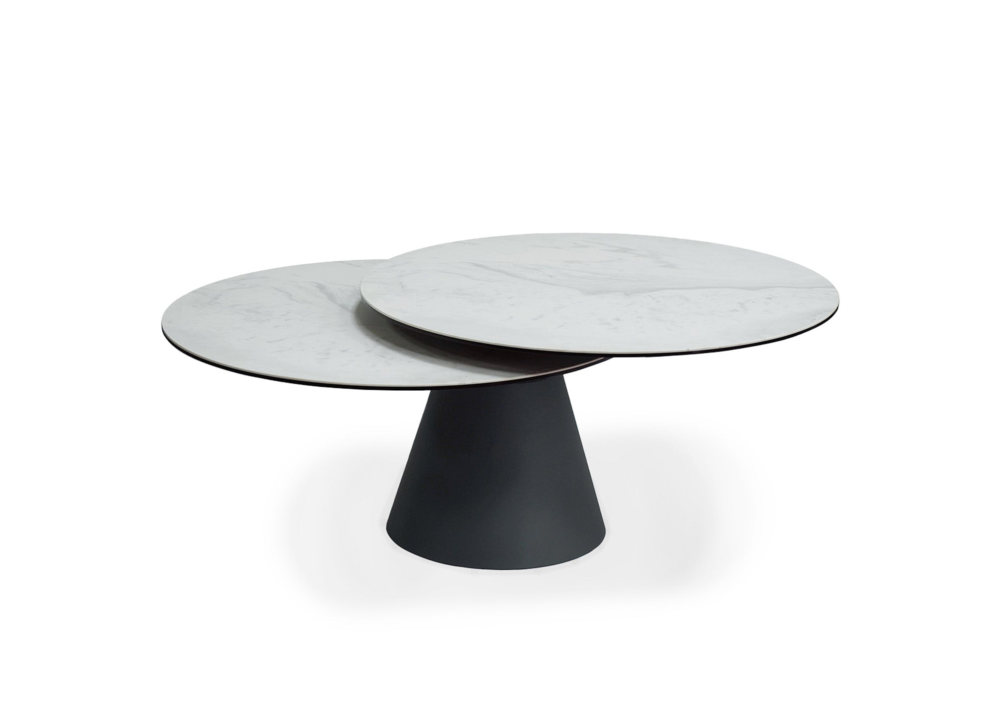 Mesa de centro redonda SELENIIA con tablero giratorio en vidrio templado y cerámica blanca efecto mármol.