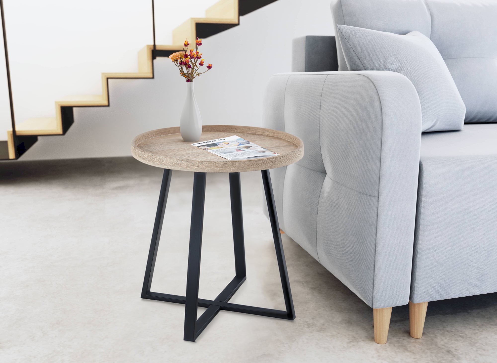 Mesa auxiliar redonda BRIYA de madera con patas de metal negro