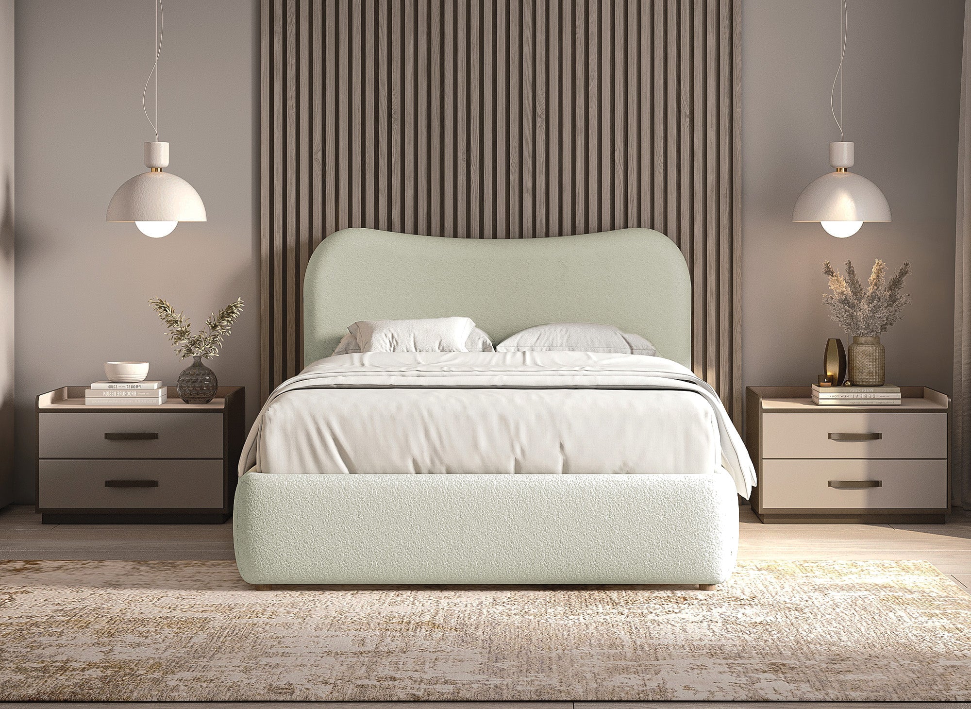 Cama doble PAMELA blanca con efecto piel de oveja (140 x 190 cm)