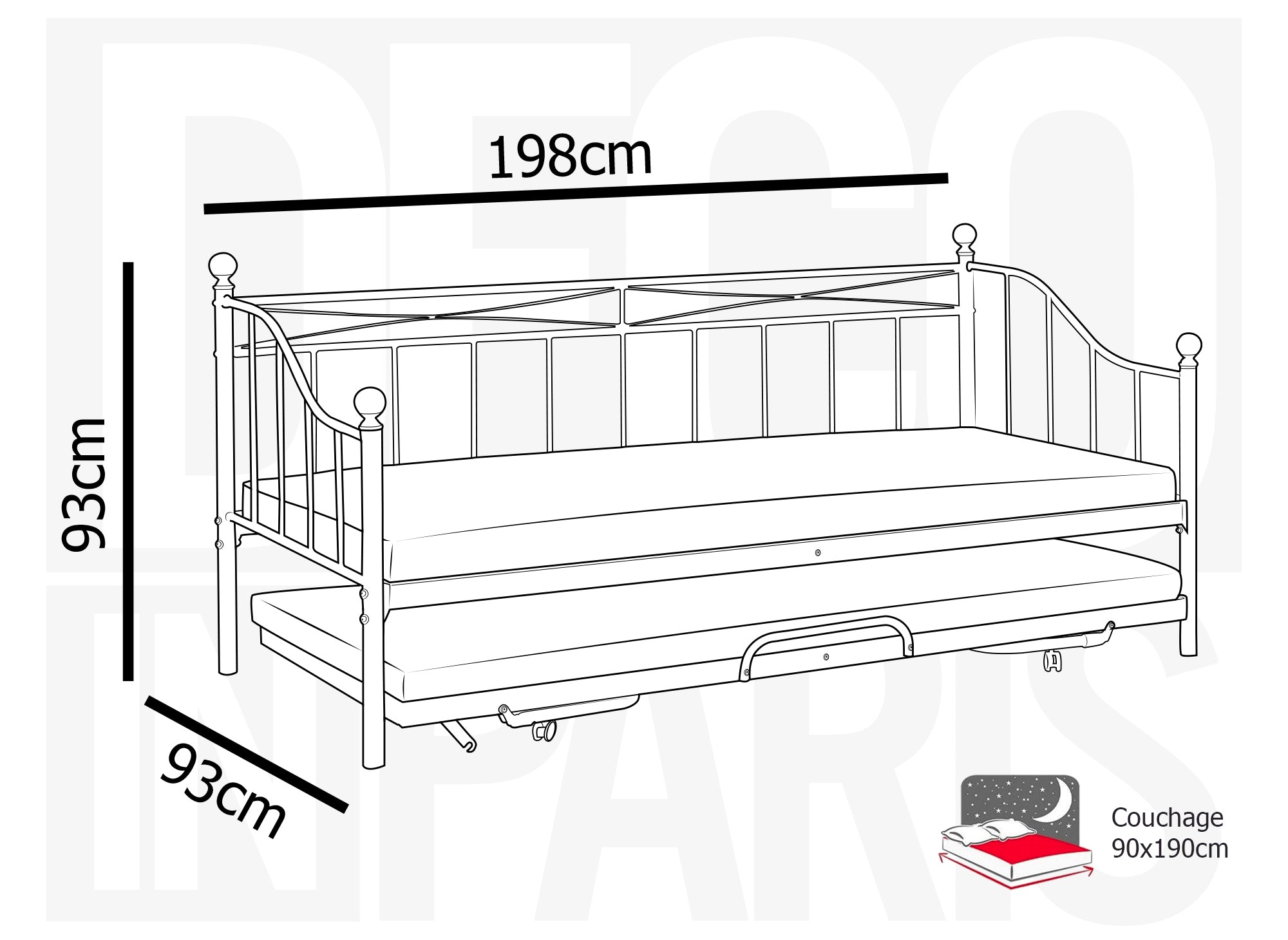 Sofá cama ALICIA de metal blanco con cama extraíble, 90 x 190 cm
