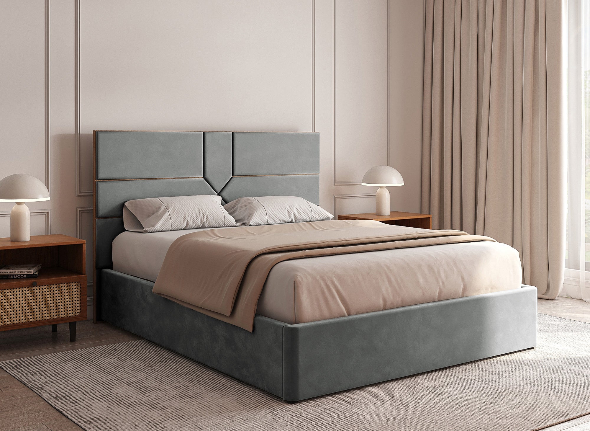 Cama con almacenaje de diseño DAVINA en terciopelo gris, 180 x 200 cm