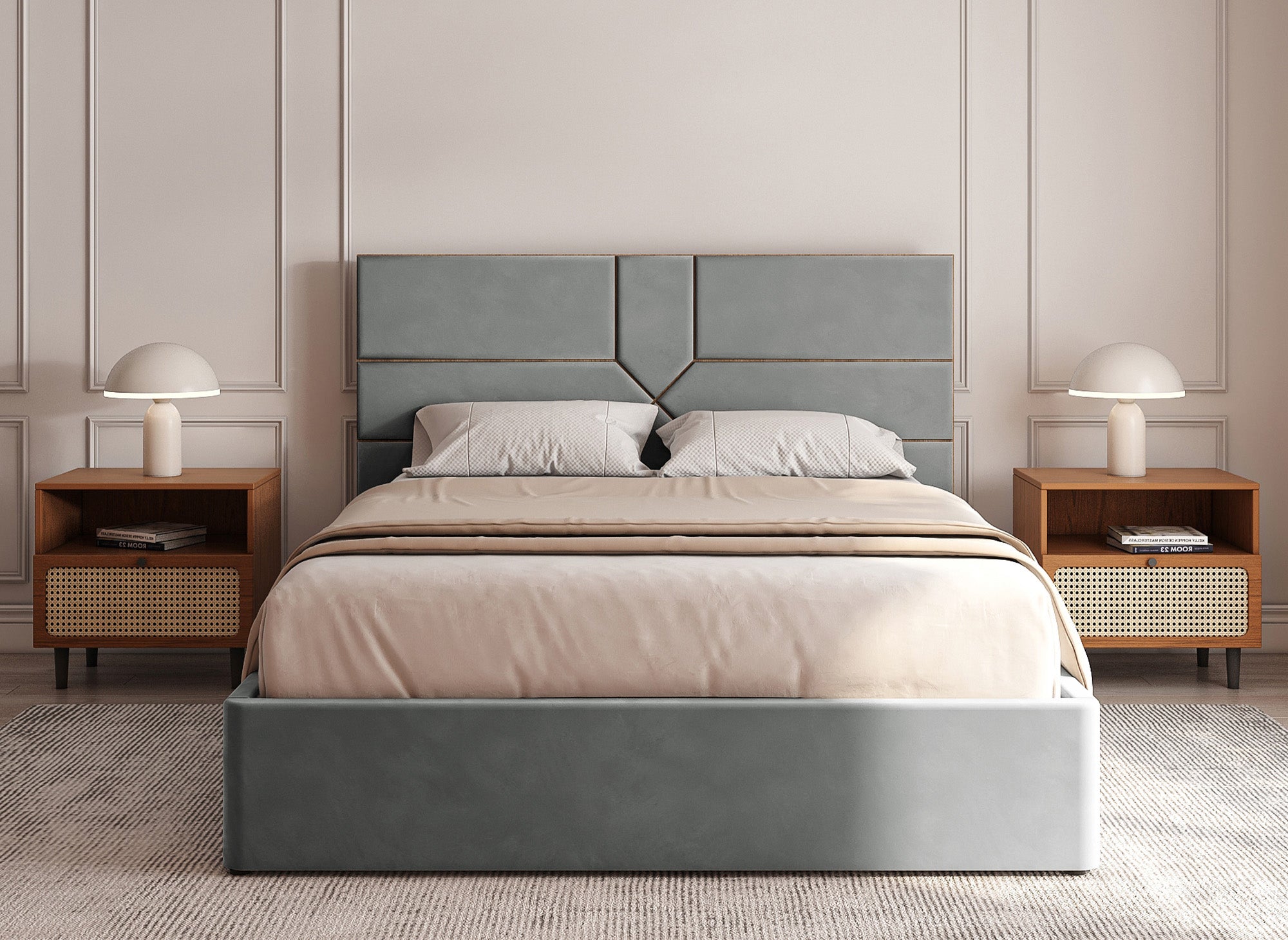 Cama con almacenaje de diseño DAVINA en terciopelo gris, 140 x 190 cm