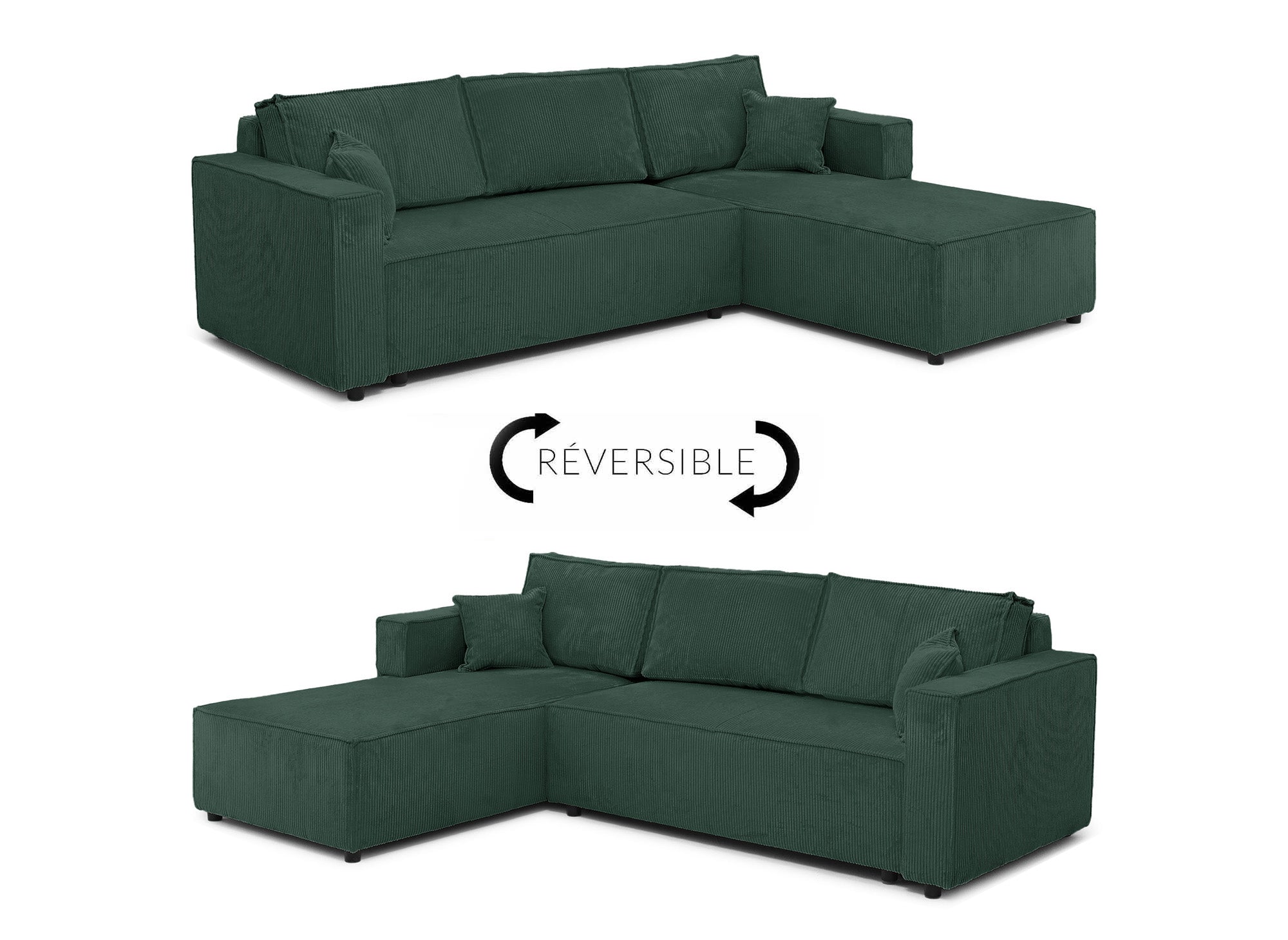 Sofá cama esquinero reversible SYNA con almacenaje en pana verde