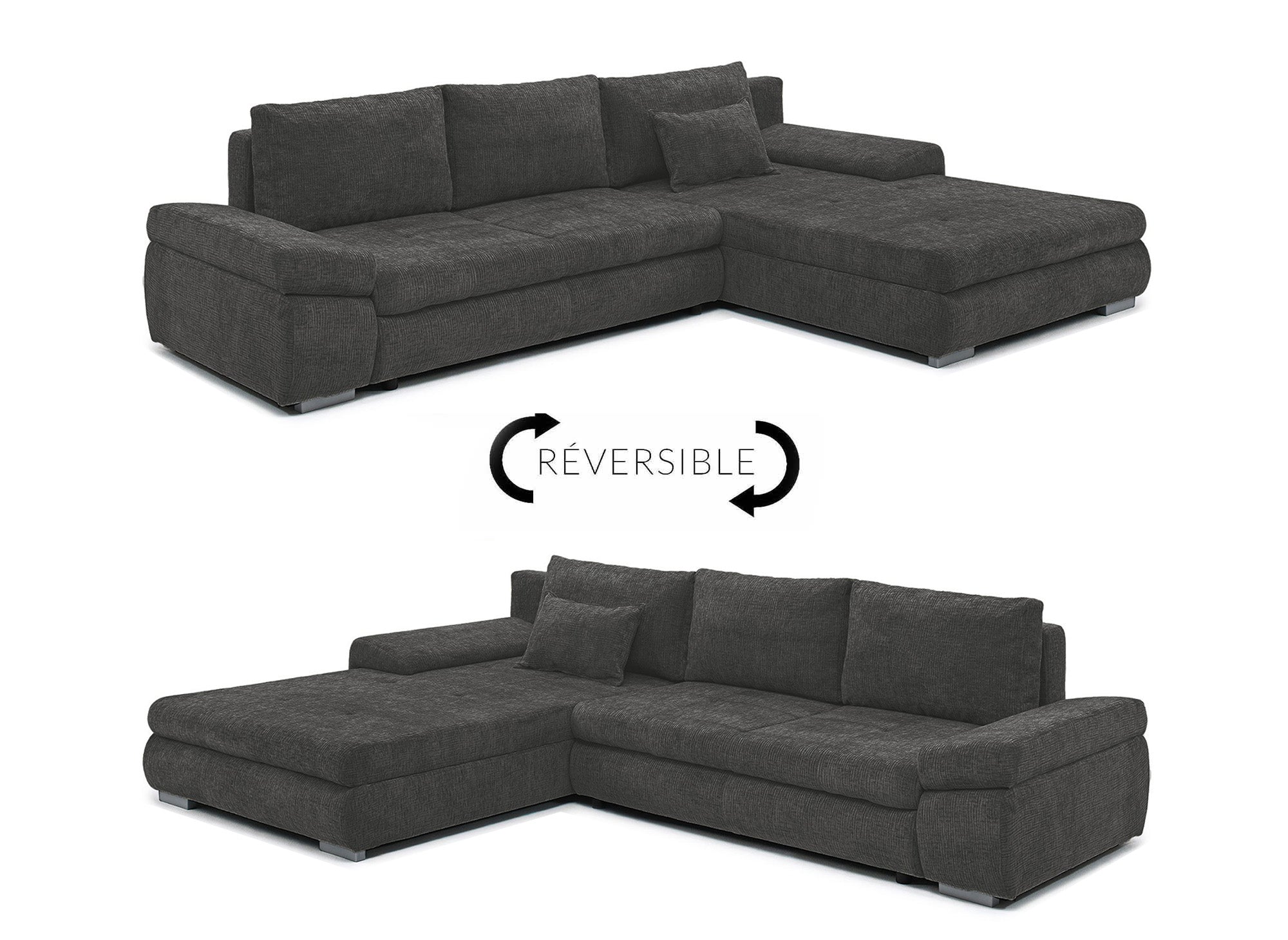 Sofá esquinero convertible reversible SOLEA con almacenaje en terciopelo gris jaspeado