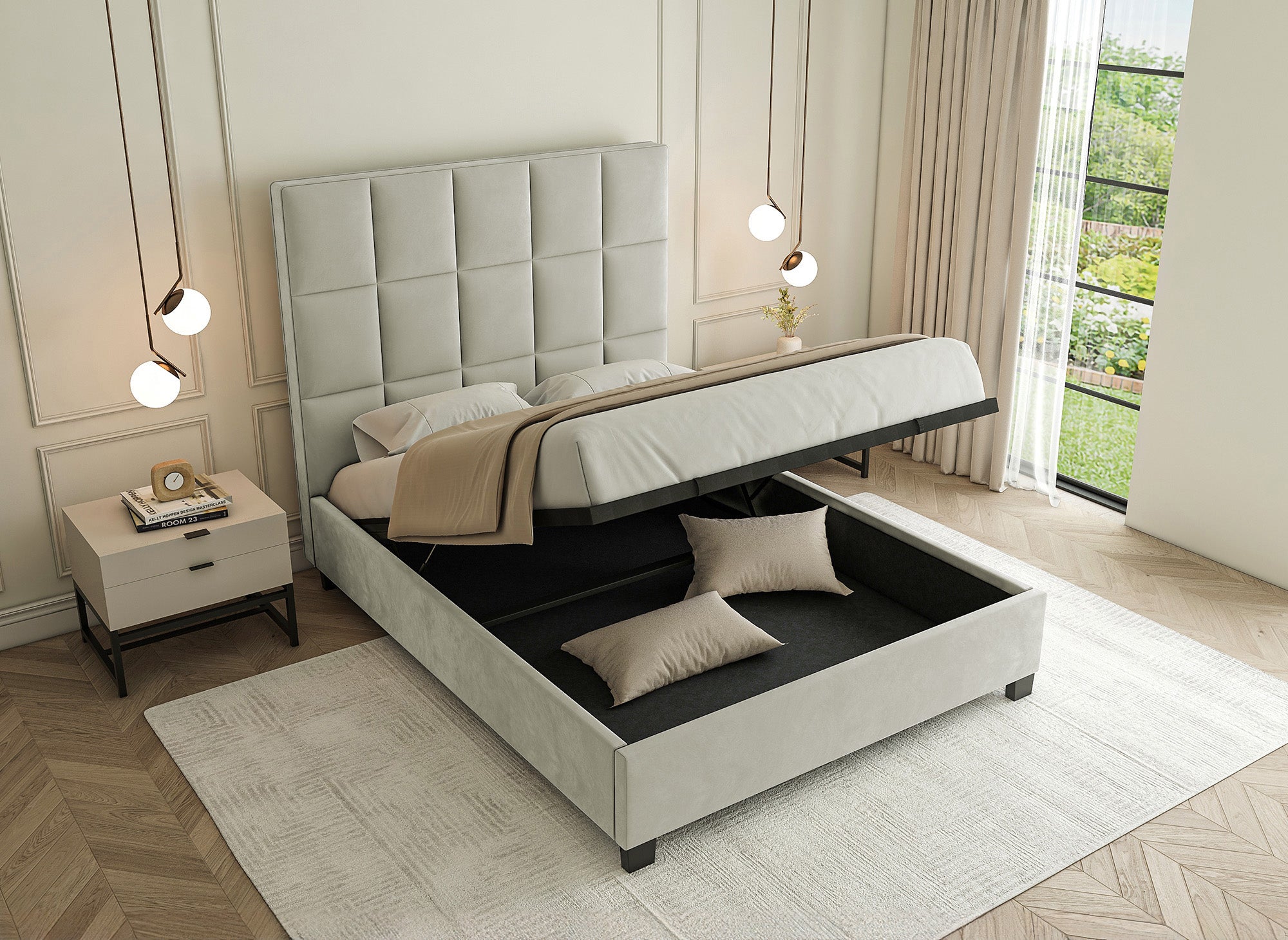 Cama de diseño CAROLINE con almacenaje, tapizada en terciopelo beige, 180 x 200 cm