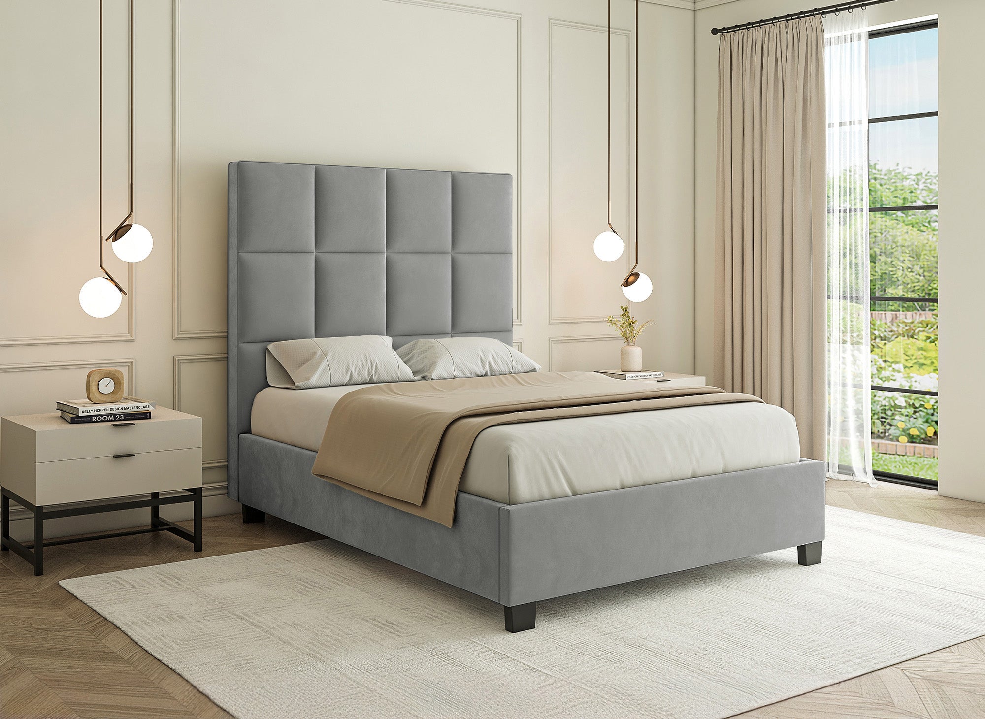 Cama de diseño CAROLINE con almacenaje, tapizada en terciopelo gris, 140 x 190 cm