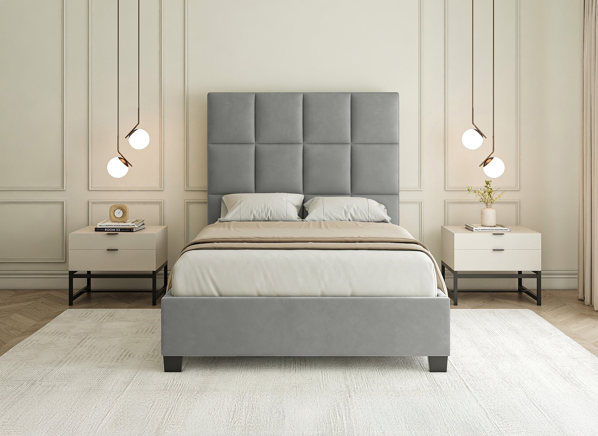 Cama de diseño CAROLINE con almacenaje, tapizada en terciopelo gris, 140 x 190 cm