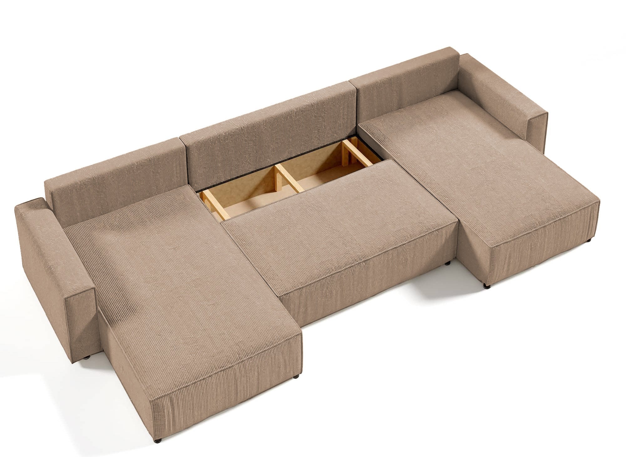 Sofá cama panorámico convertible JADE con almacenamiento en pana color moca