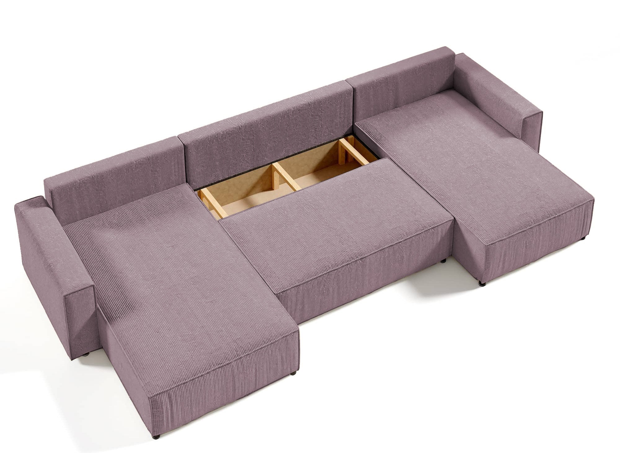 Sofá cama panorámico convertible JADE con almacenamiento en pana lila