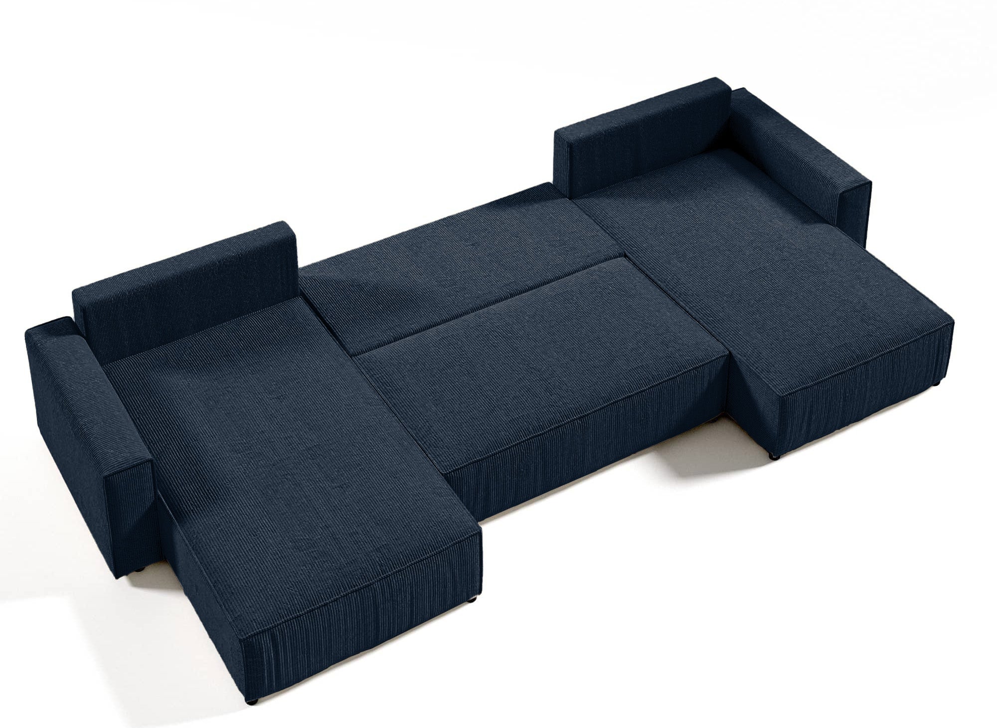 Sofá cama panorámico convertible JADE con almacenamiento en pana azul oscuro