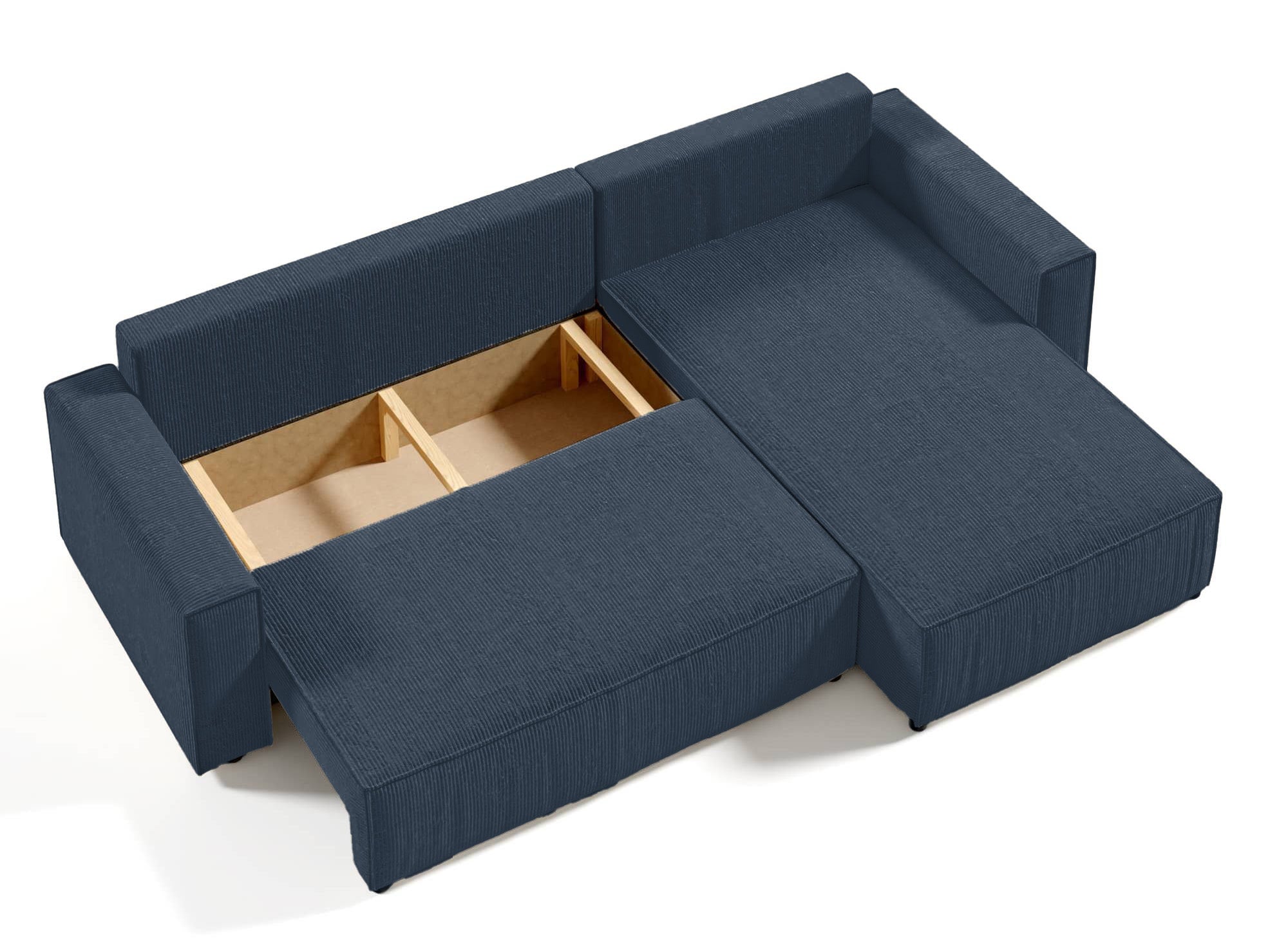 Sofá esquinero convertible y reversible con almacenaje en pana azul oscuro - JADE