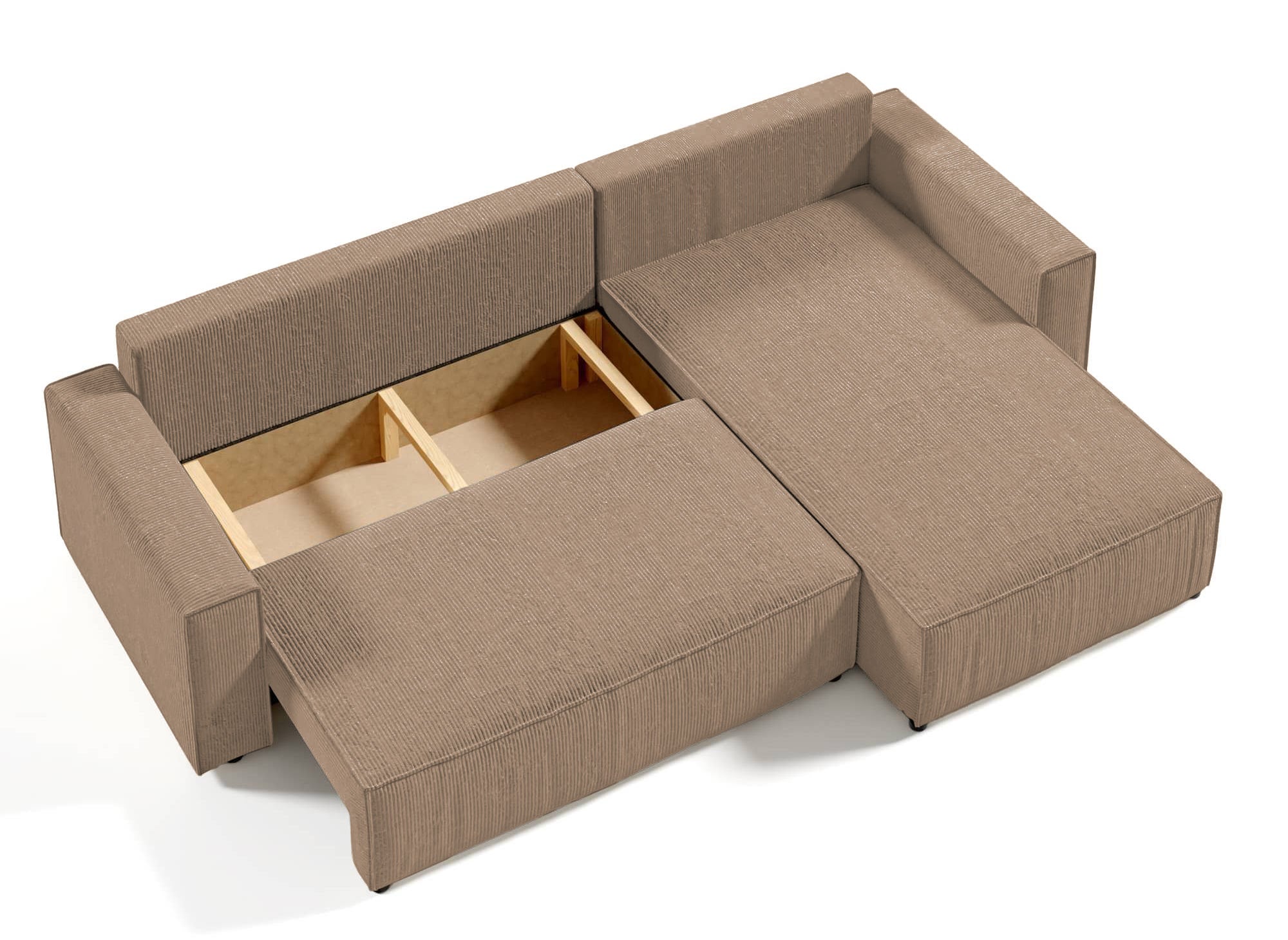 Sofá esquinero convertible y reversible con almacenaje en pana color moca JADE