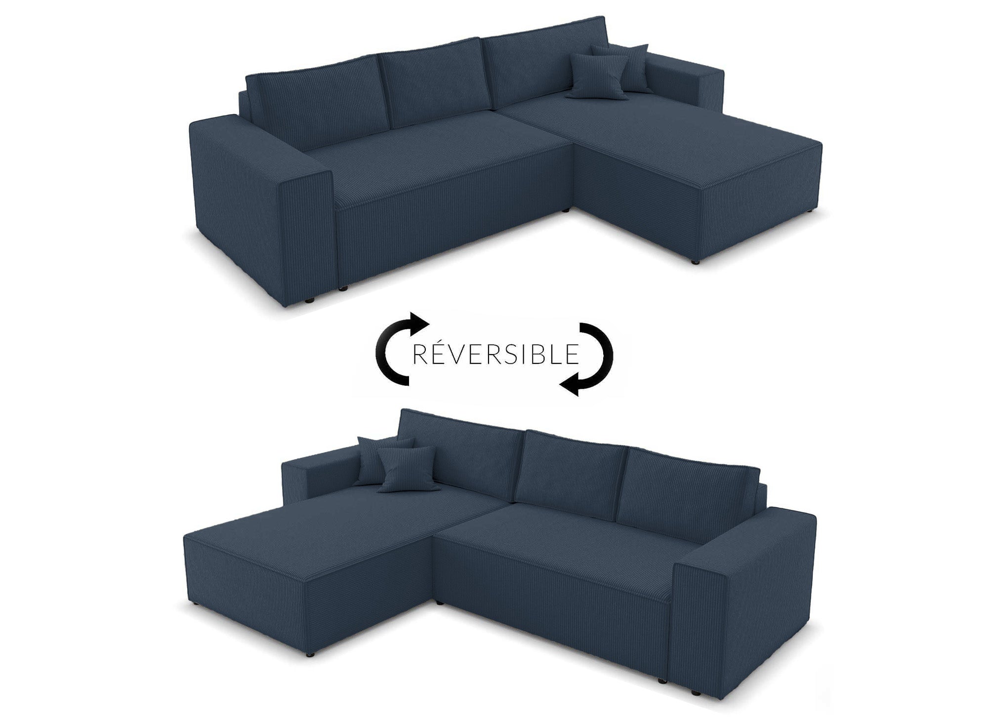 Sofá esquinero convertible y reversible con almacenaje en pana azul oscuro - JADE