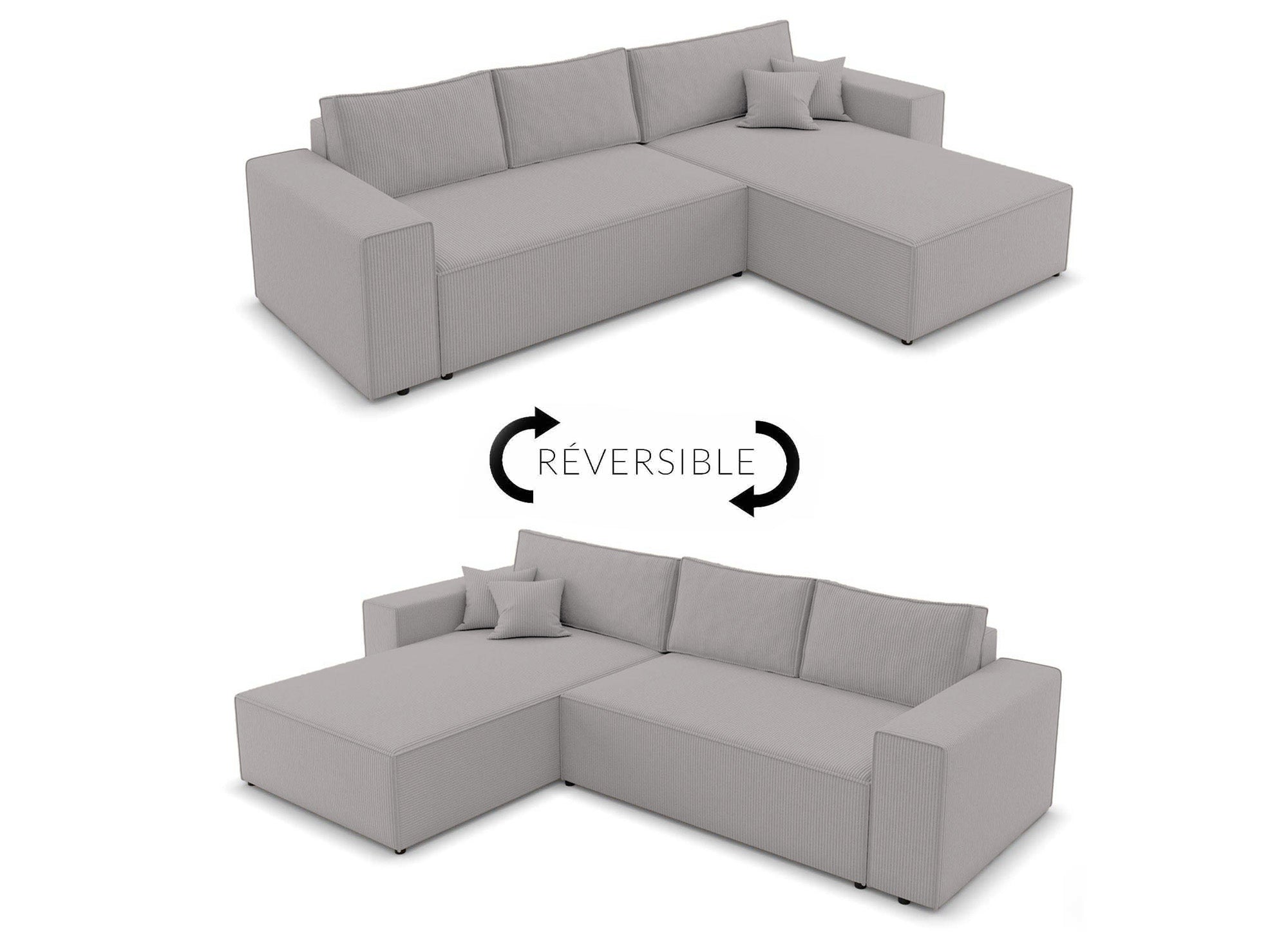 Sofá esquinero convertible y reversible con almacenaje en pana gris claro - JADE